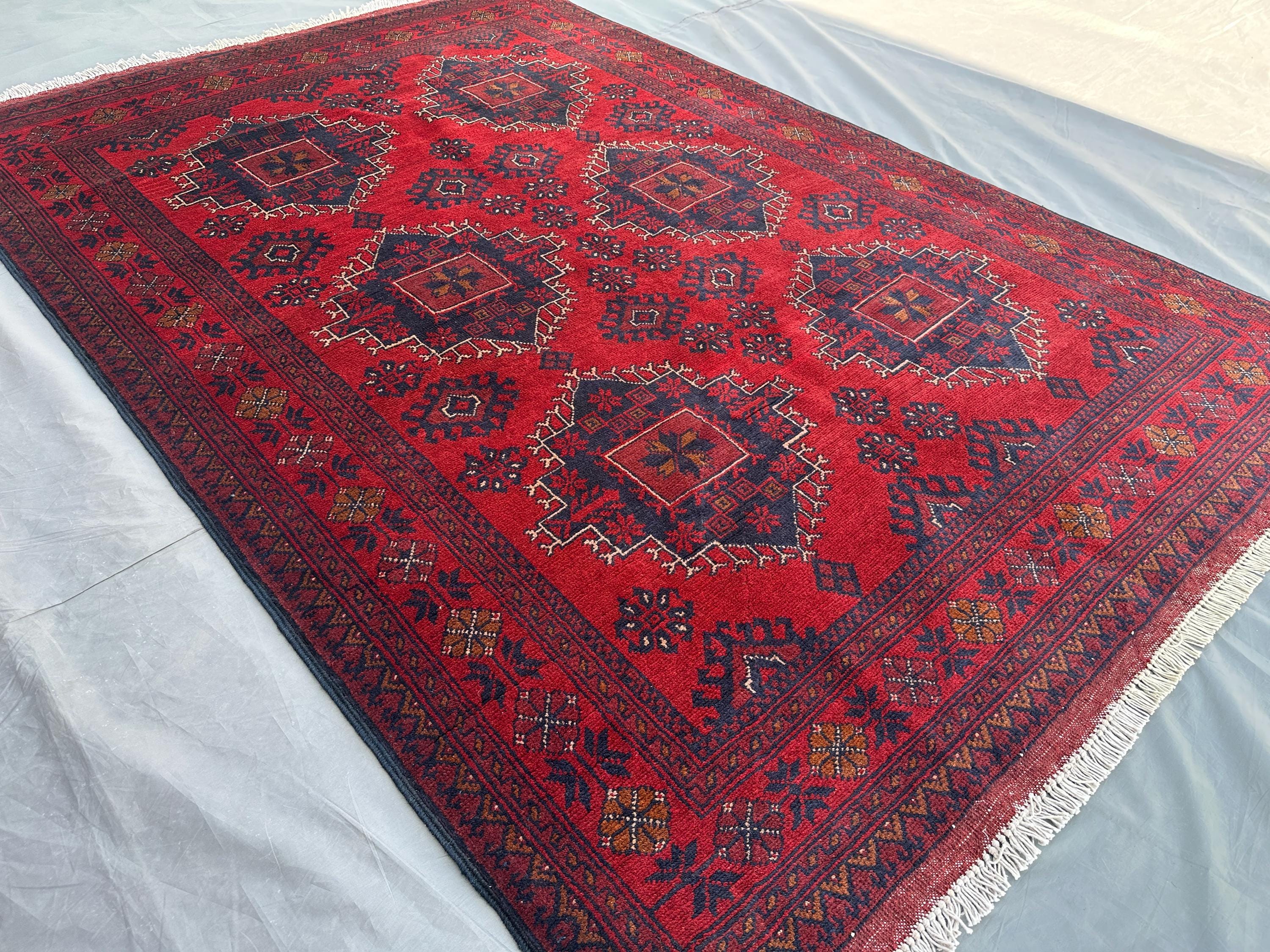 Afghan Turkoman Tribal Rug 5x7 Handmade Bukhara Red Carpet | Khal Mohammadi Geometric Wool Rug | Traditional N