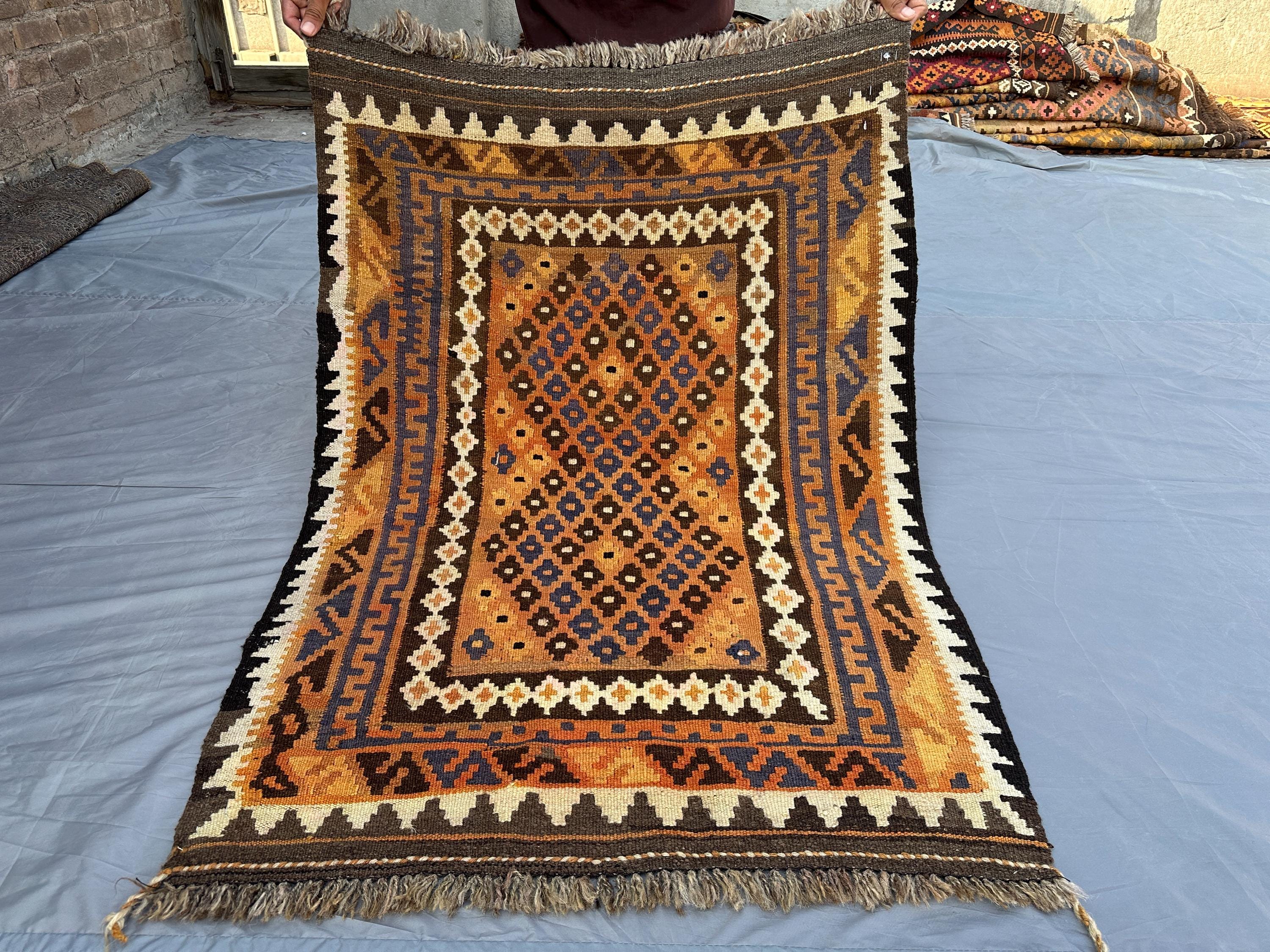 3'0x4.2 ft Antique 1980s Turkmen Rug, Handmade Flatweave Kilim Rug, Oriental Afghan Wool Rug, Geometric Rug, Bedroom, Kidsroom floor rug