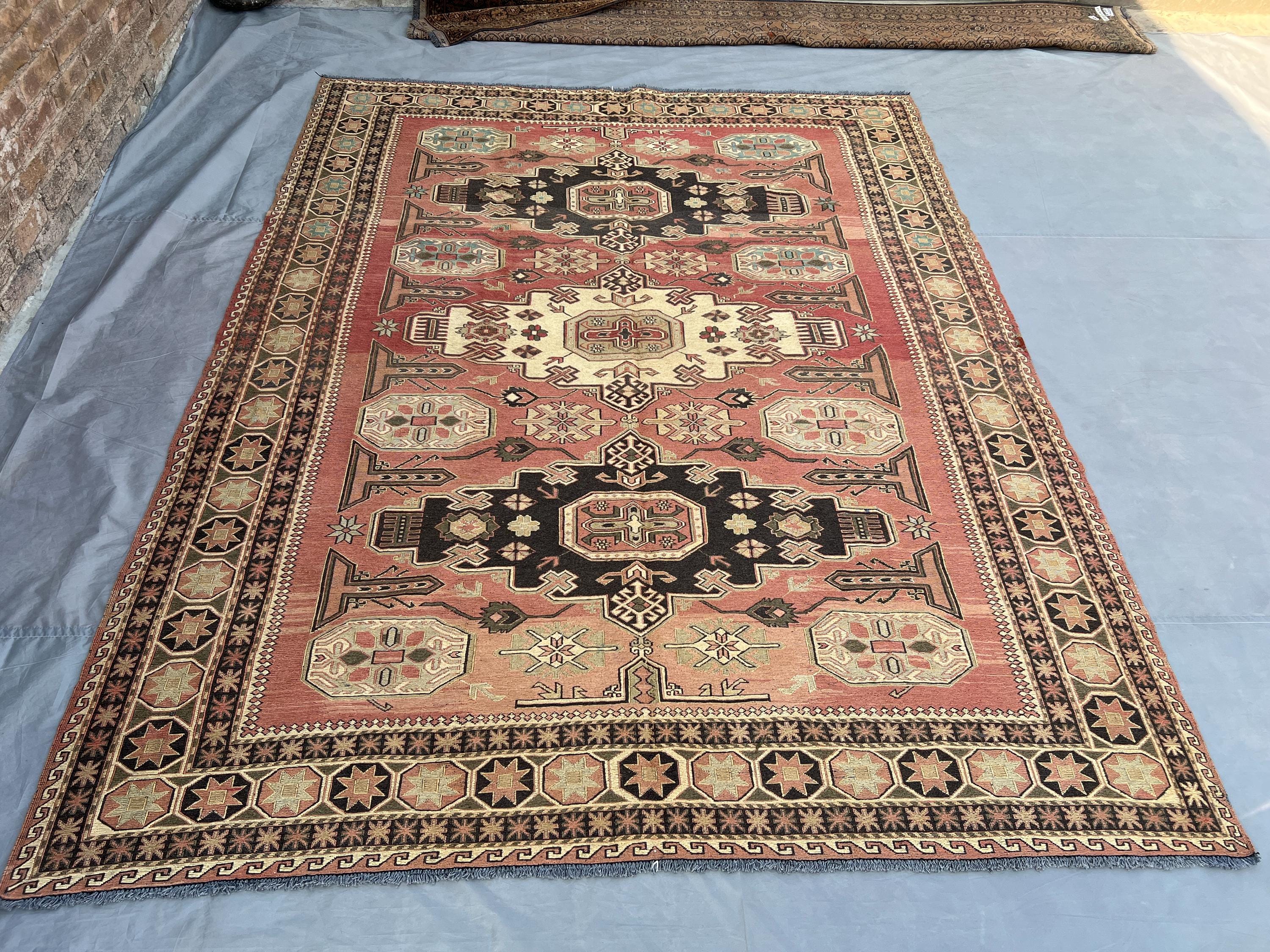 7'2x9'2 ft Vintage Afghan Handmade Sumak Kilim Rug, Tribal Turkmen Faded Rug, High Quality Kilim, Bohemian Living Room Area Rug, Bedroom rug