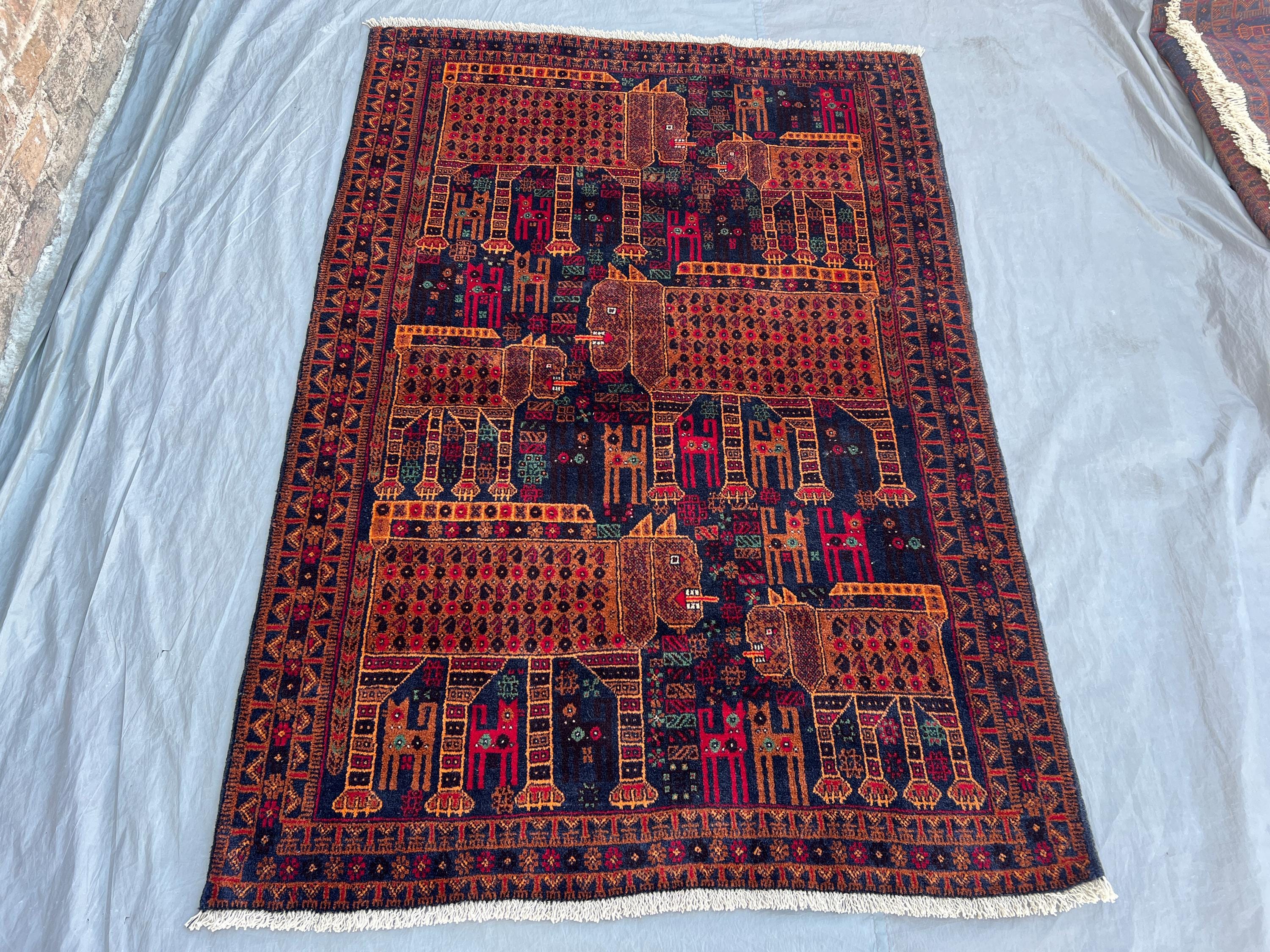 2'2 x 6'6 ft Vintage Afghan Handknotted Rug – Tribal Animals Design, Soft Wool Pile, Living Room, Hallway, Kitchen Rug Boho Decor