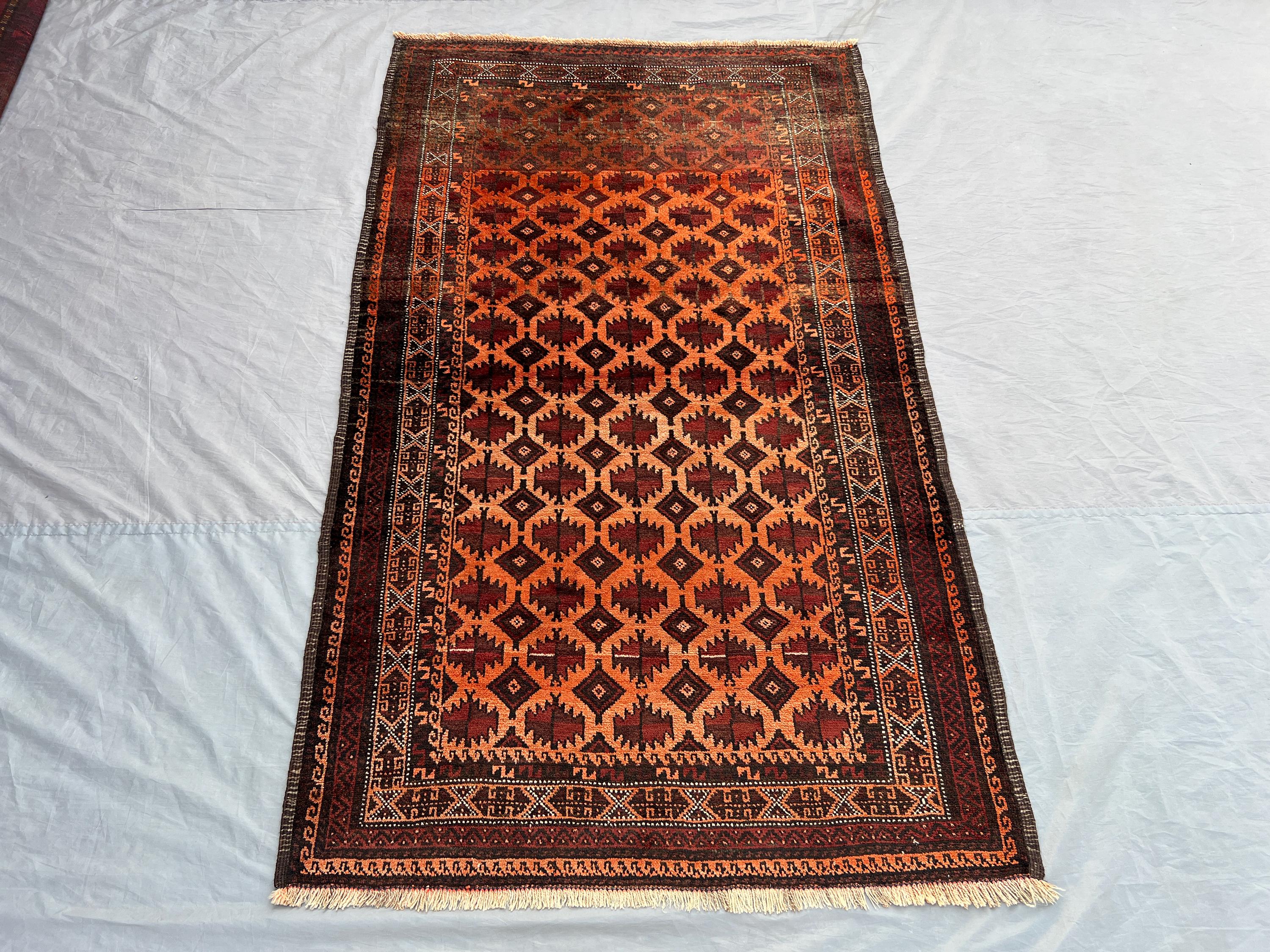 Antique Afghan Baluch Rug 3'8x6'2 ft | Hand Knotted Wool Carpet | Tribal Geometric Pattern | Vintage Kitchen Accent Rug | Boho Home Deco