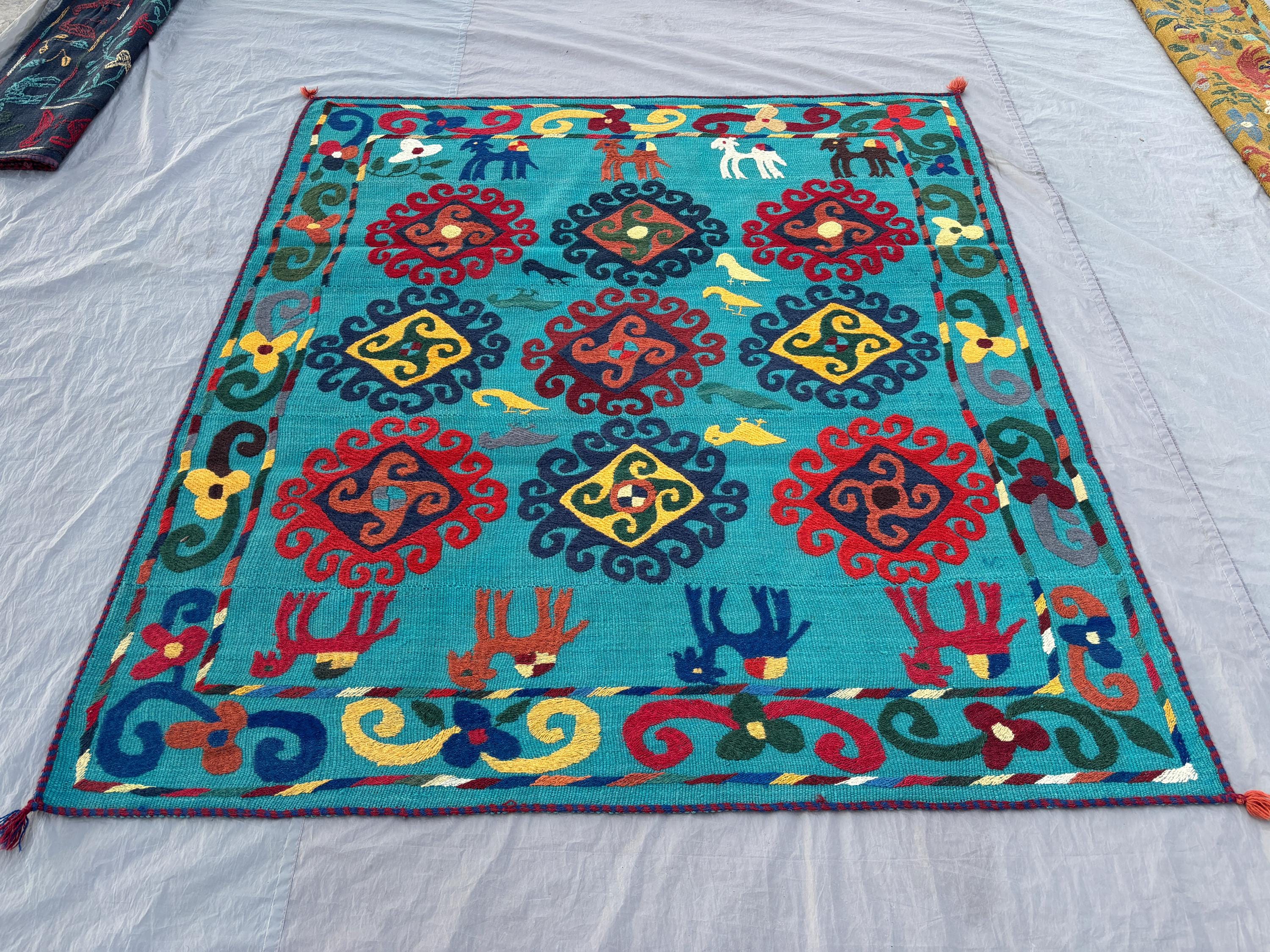 Colorful Uzbek Suzani Rug 5.6 x 6.2 ft Handwoven Wool Animal Bird Design Flat Weave Area Rug Boho Home Decor