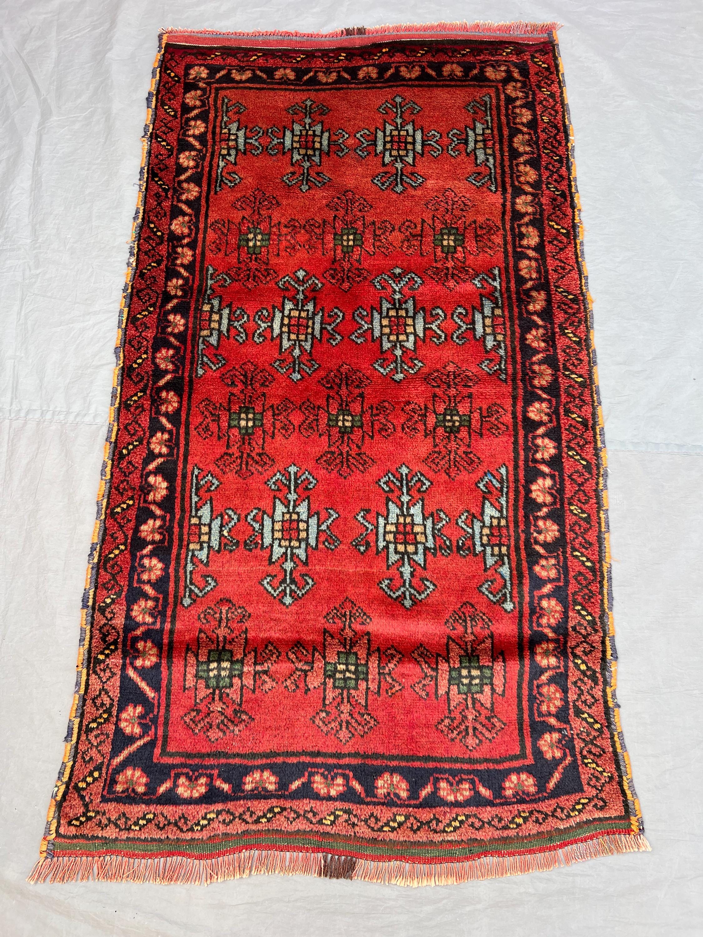 3x5'5 ft Vintage Afghan Pile Rug | Handknotted Tribal All-Over Cross Anchor Motif | Vivid Red & Dark Navy Wool | Accent Rug Bedroom Entryway