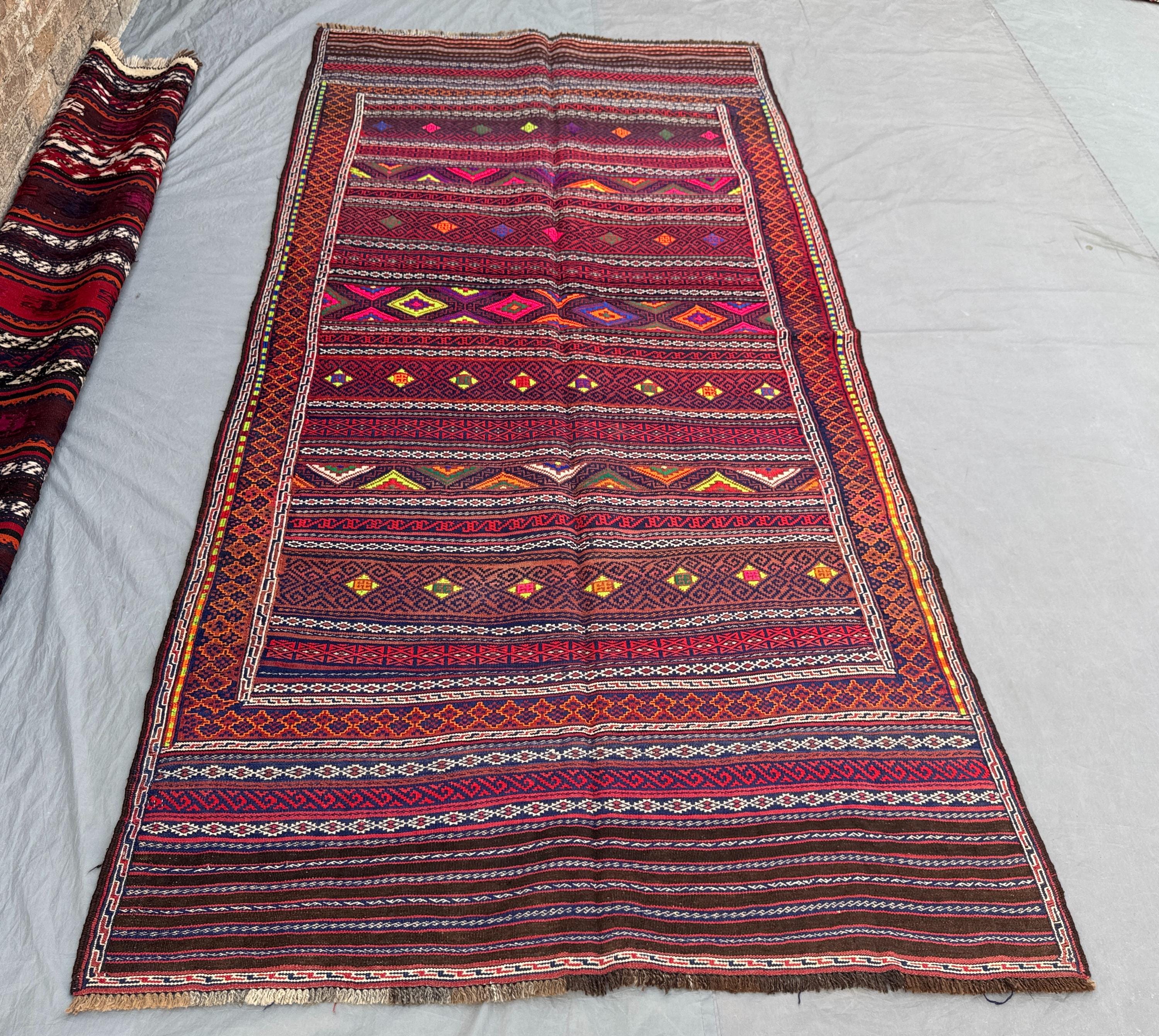 Afghan Hand-Woven Vintage Rug Soft Pile Large Area Rug Sumak Design 5 x 9 ft One-of-a-Kind Boho Luxury Home Decor