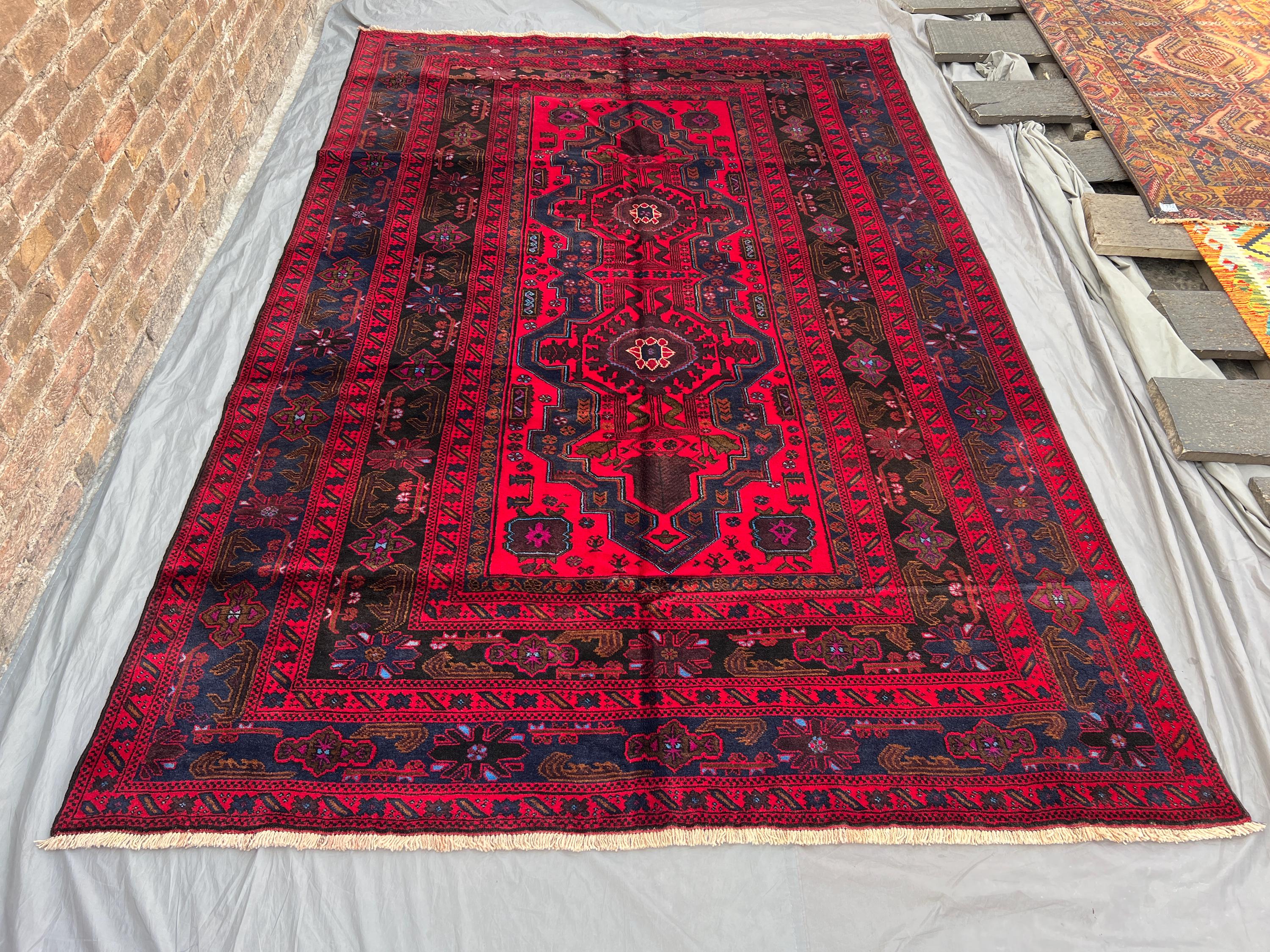 7x10 Vintage Afghan Baluchi Handmade Wool Rug, Rare Tribal Oriental Carpet, Red and Navy Geometric Design, Boh