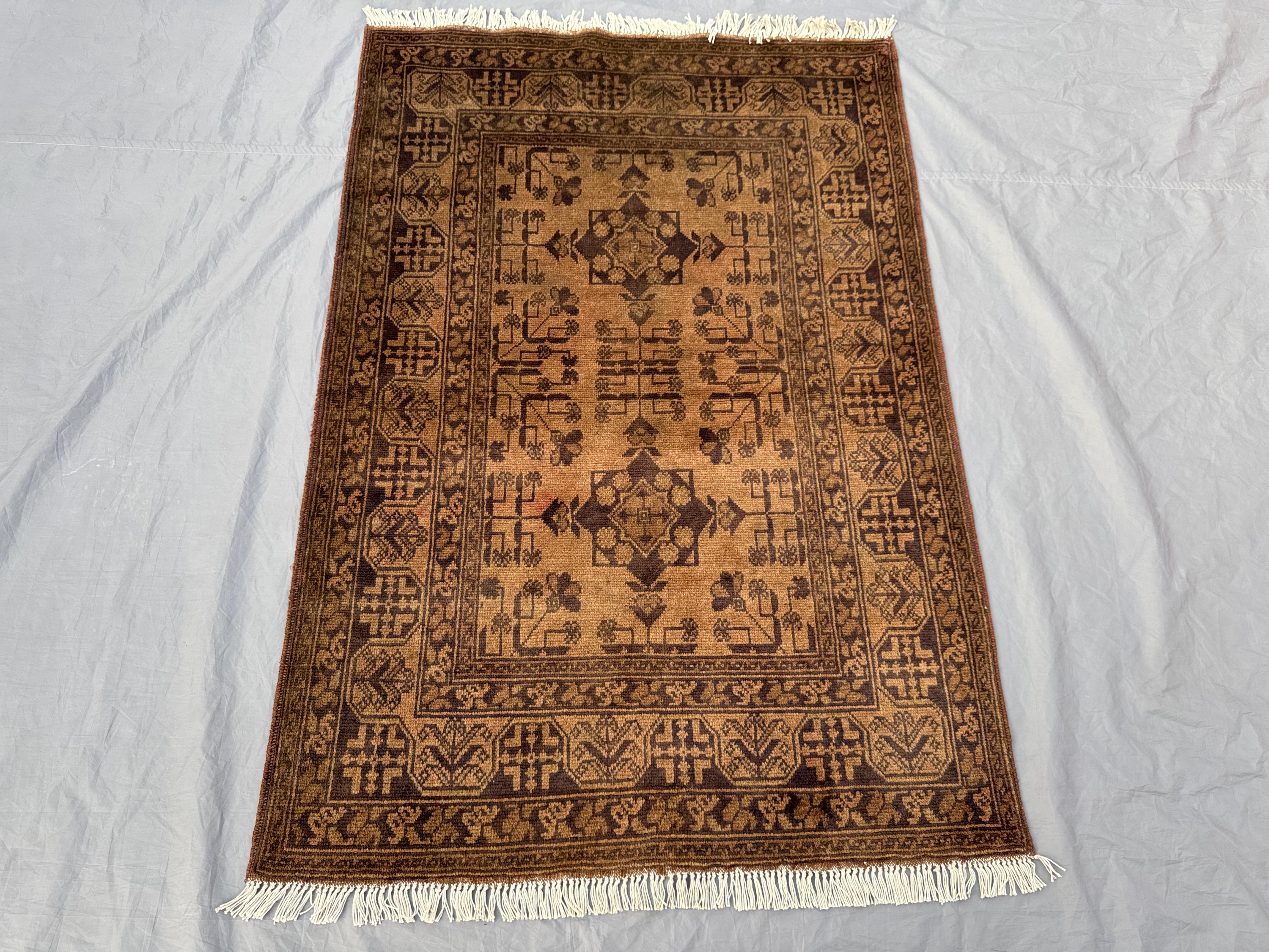 3 x 5 ft Afghan Hand Knotted Vintage Soft Pile One of a Kind Small Area Rug – Terracotta Color Faded Turkoman Ersari Design