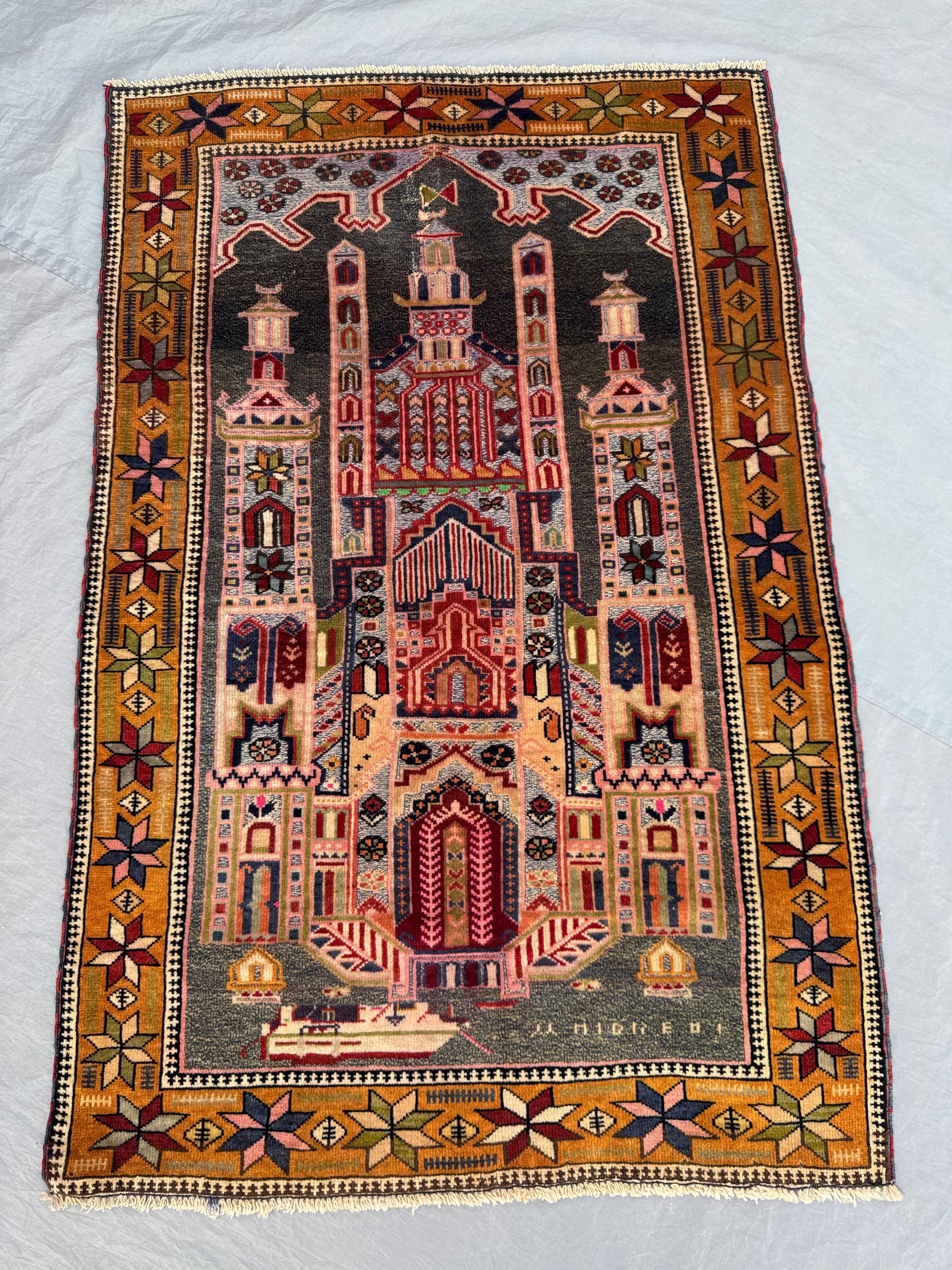2.9x4.2 ft Afghan Baluchi Rug | Antique Hand Knotted Wool Prayer Carpet | Tribal Geometric Small Rug | Terracotta Nomadic Decor,Bathroom Rug