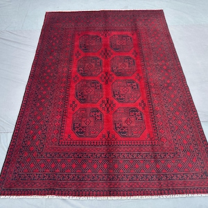 Gorgeous Afghan Red Rug, 6x8 Hand-Knotted Turkmen Bukhara Carpet, Tribal Wool Area Rug Traditional Bohemian Rug, Bedroom rug Living Room Rug