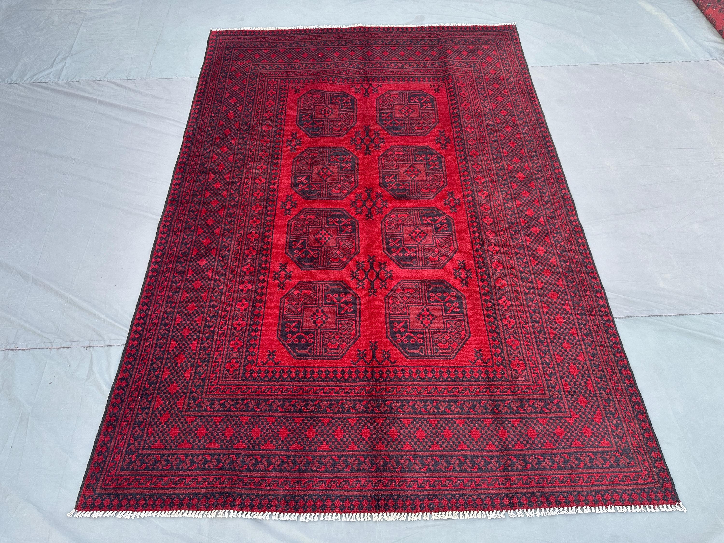 Gorgeous Afghan Red Rug, 6x8 Hand-Knotted Turkmen Bukhara Carpet, Tribal Wool Area Rug Traditional Bohemian Ru