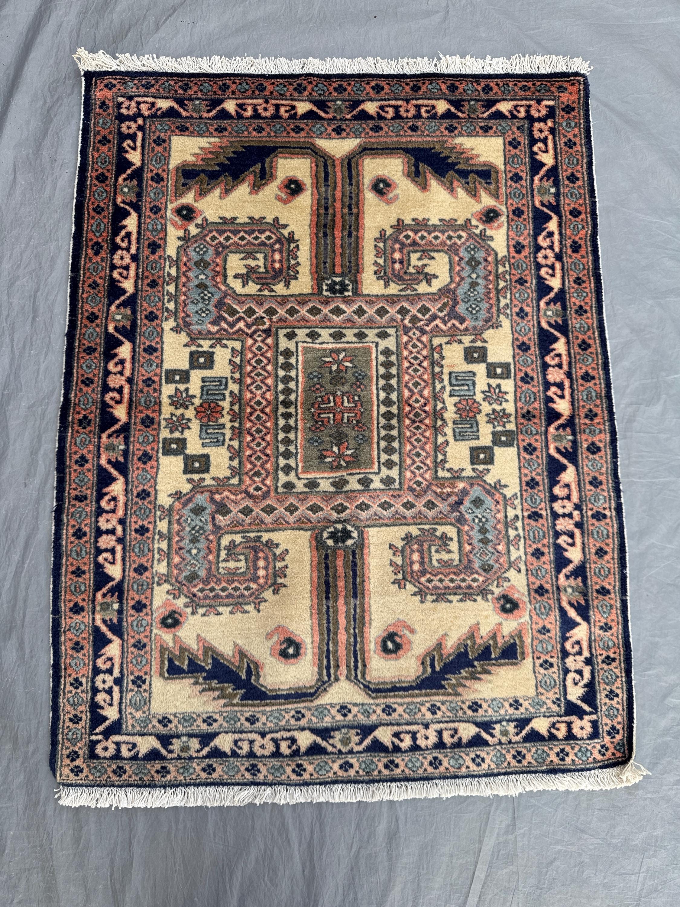 Beige 2'8 x 3'5 Ft Vintage Caucasian Kazak Hand Knotted Small Area Rug Tribal Geometric Wool Decor Navy Rust Ivory Kids Room