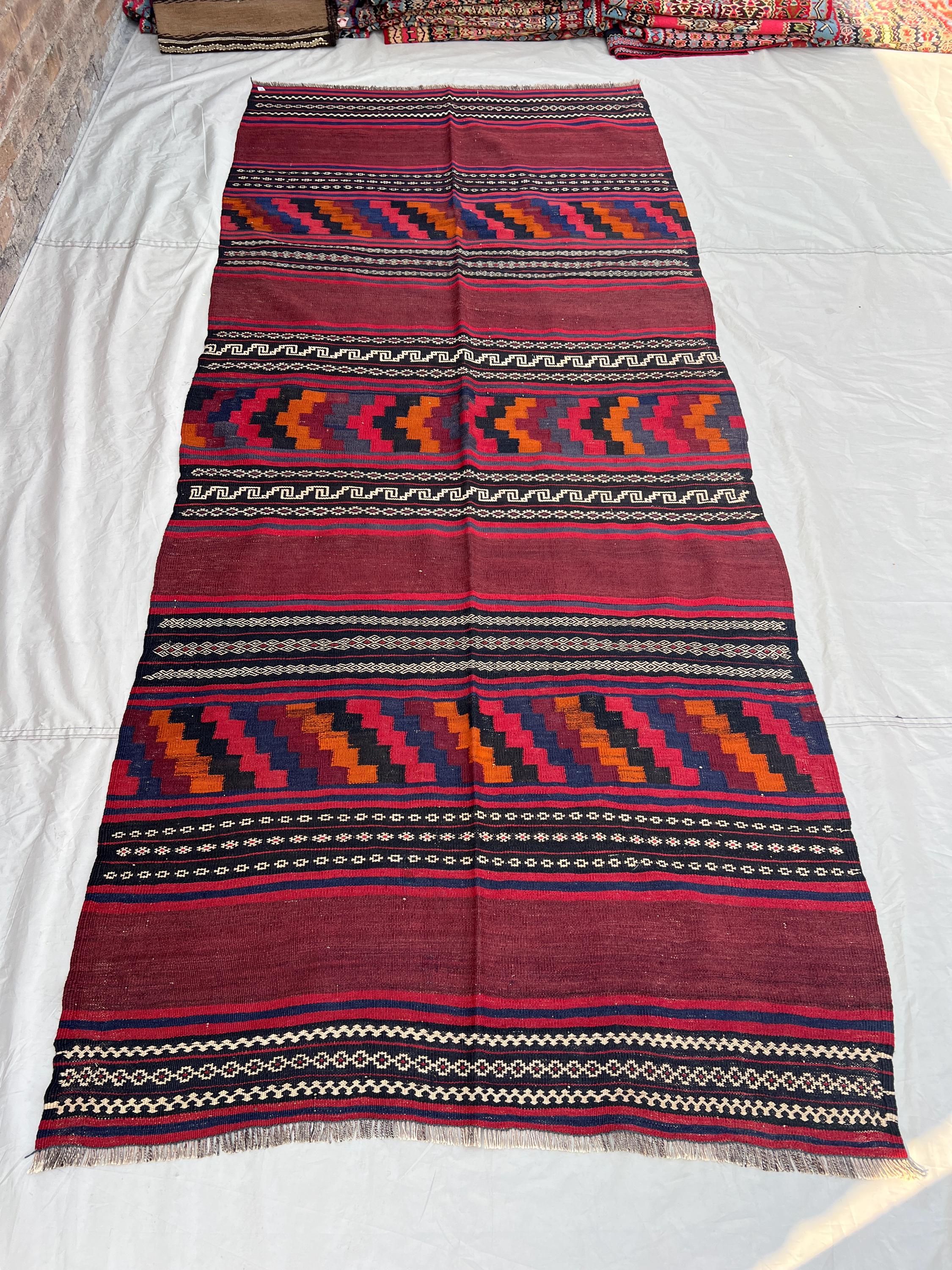 4'2x9'8 Vintage Afghan Kilim Handwoven Wool Flatweave Stripe Chevron Arrow Band Deep Burgundy Orange Navy Multicolor Area Rug | Living Room