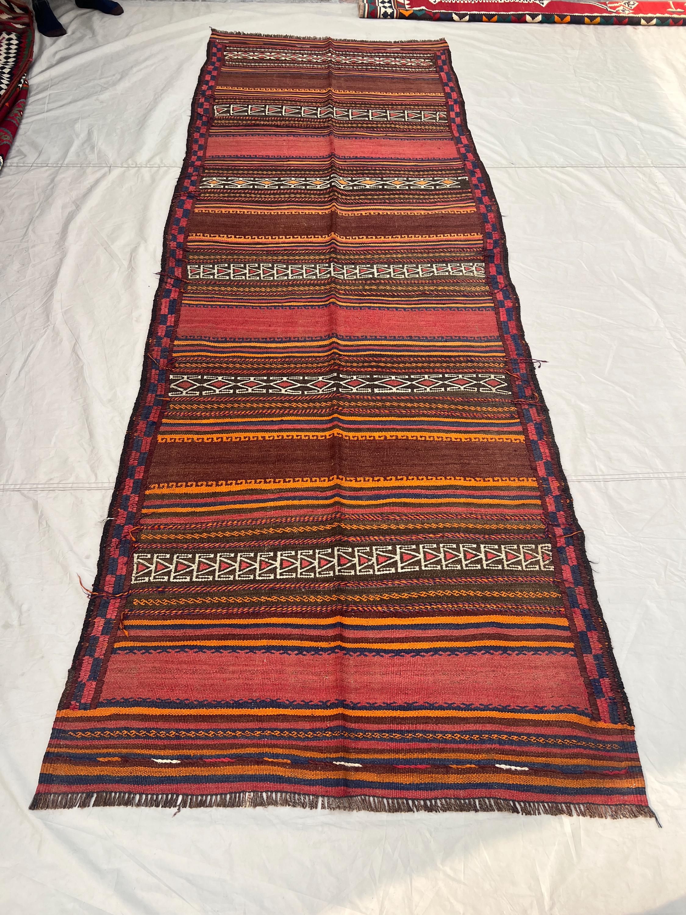 3'9x10'11 ft Vintage Afghan Kilim Runner | Handwoven Tribal Striped Arrow & Chevron | Burnt Orange, Rose Pink Flatweave | Hallway Runner