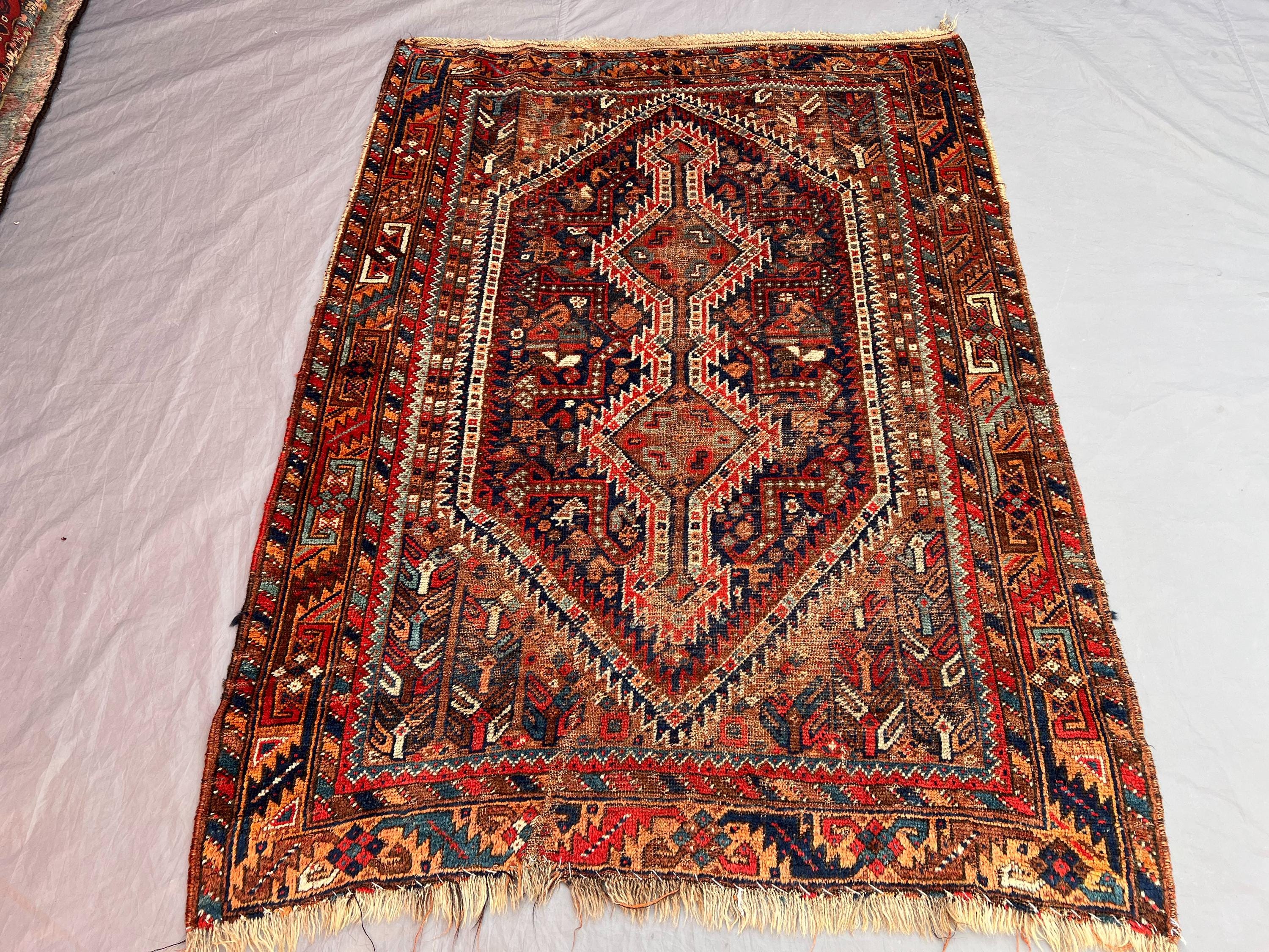 4'4x5'7 ft, 1930s, Antique Afghan Hand-Knotted Rug, Tribal Geomatric Design, Soft Pile, Terracotta, Wool, Vint