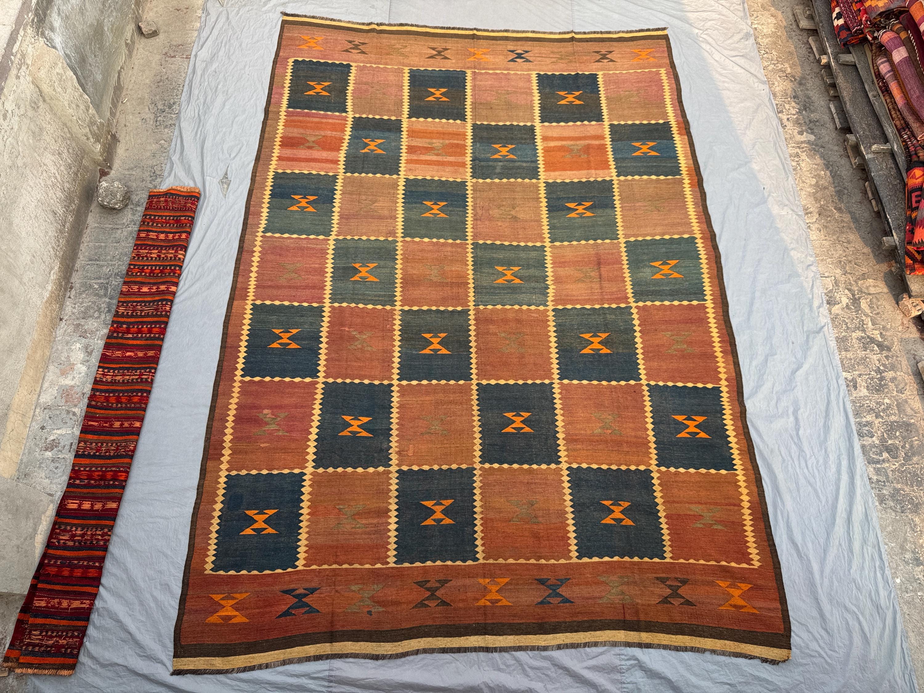 10x14’6 Large Area Rug Antique Afghan Baluchi Kilim Flat Weave Hand Knotted Wool One Of A Kind Geometric Tribal Living Room
