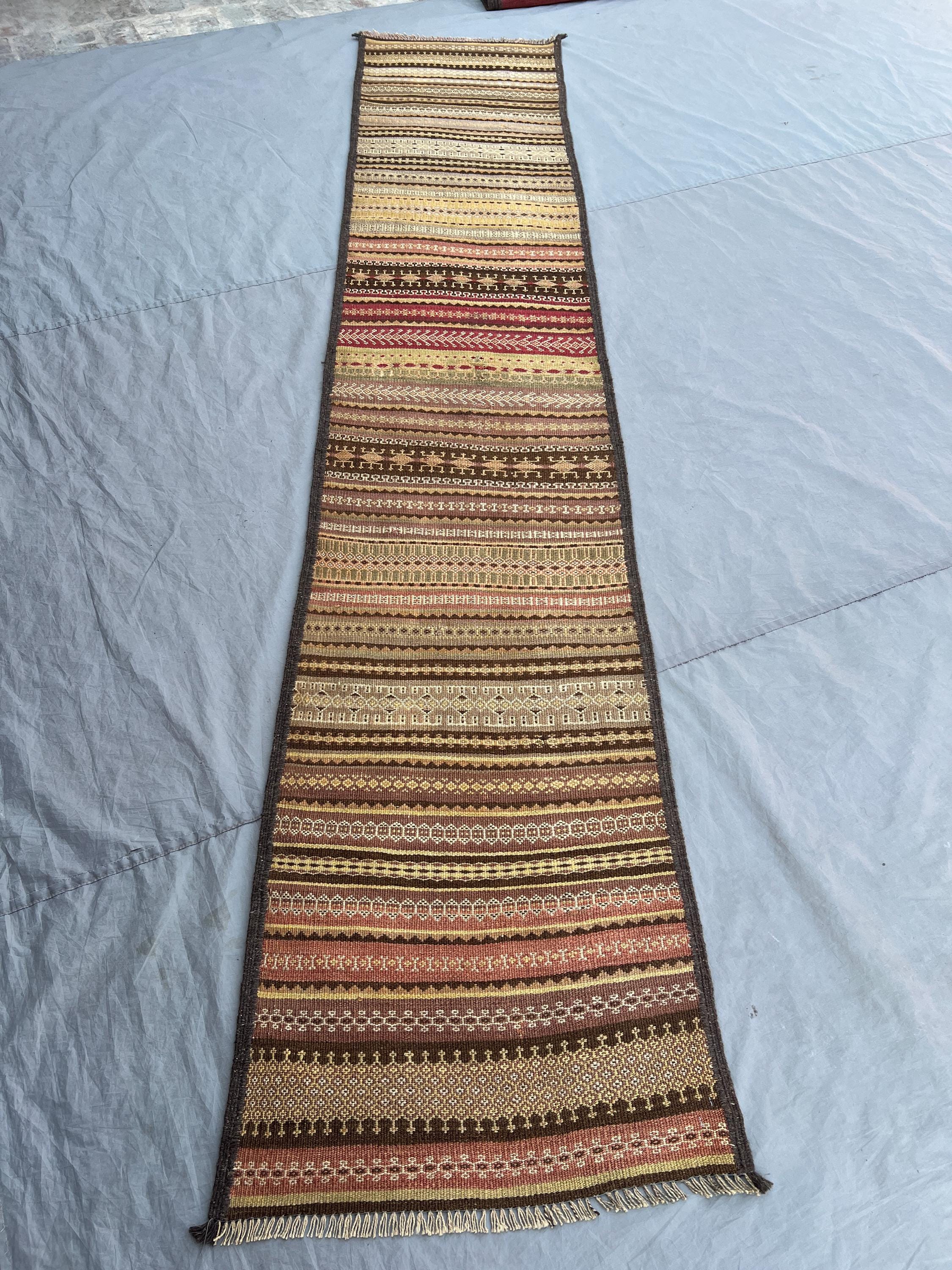 2'3x11'5 Ft Vintage Afghan Flat Woven Wool Kilim Long Runner Earthy Camel Gold Brown Stripe Geometric Tribal Boho Hallway Staircase Carpet