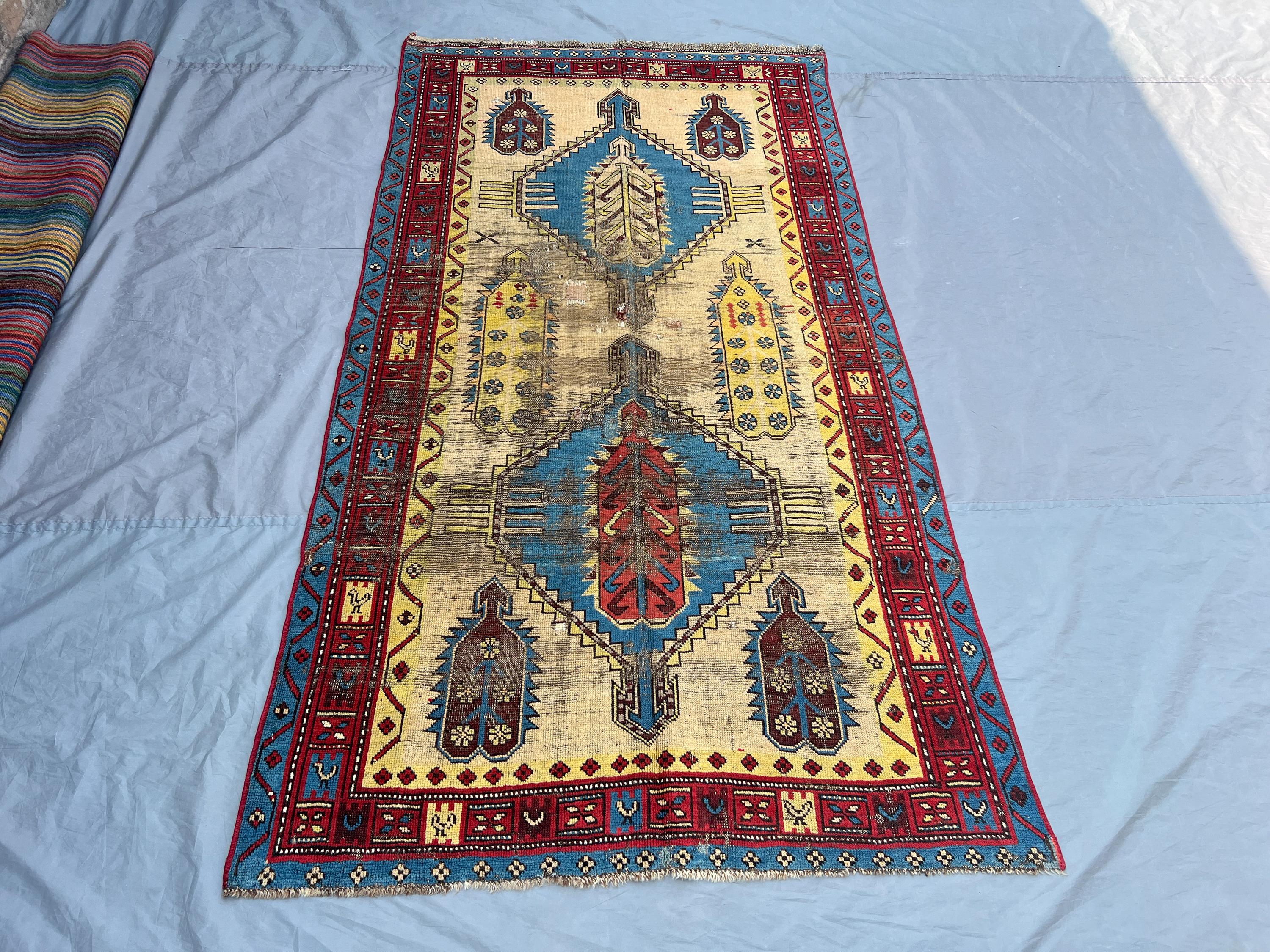4'2 x 7'1 ft Antique Caucasian Style Rug, Distressed Low Pile Geometric Carpet, Rare 1850s Vintage Oriental Handmade Area Rug, Kitchen Rug