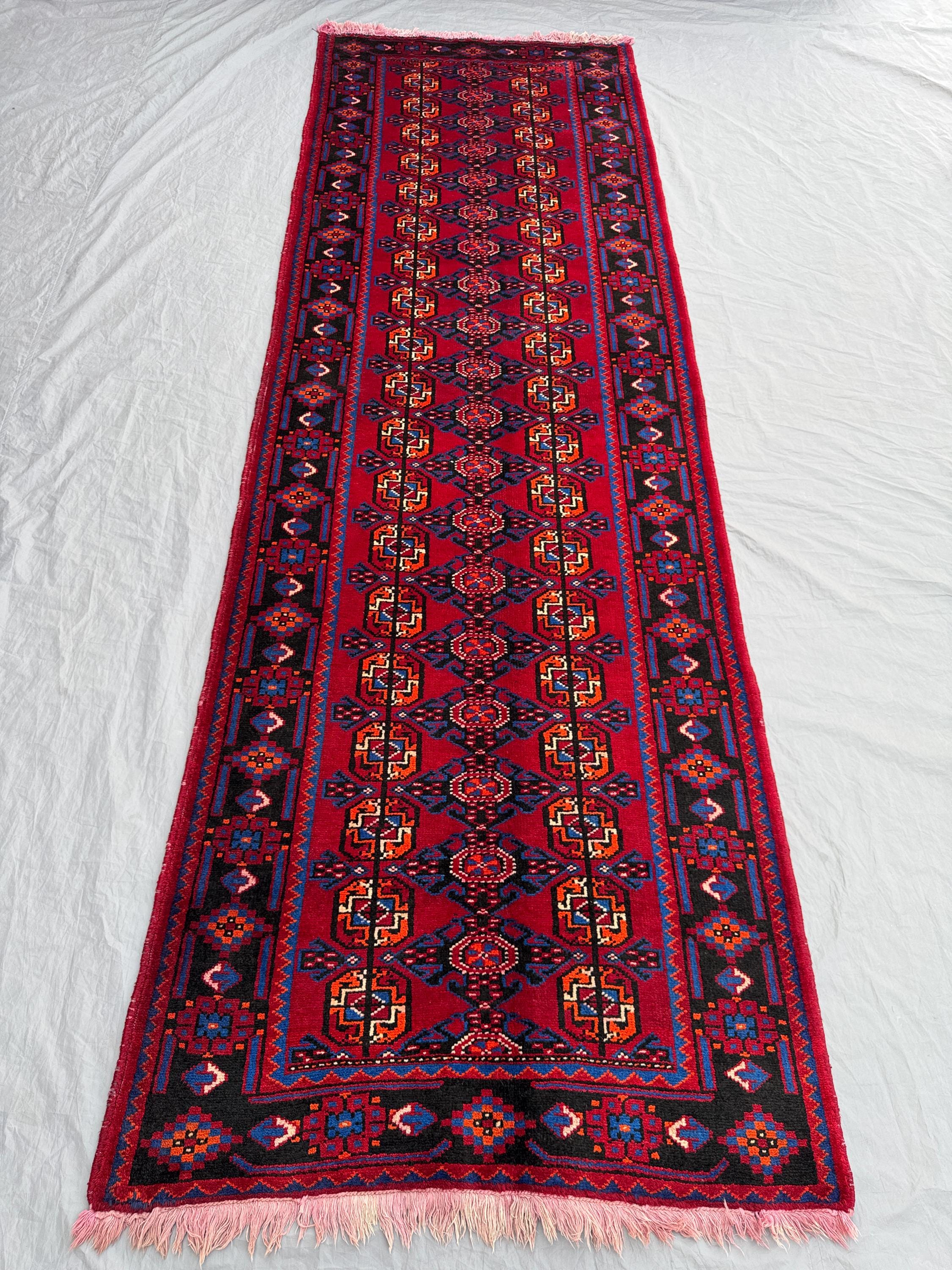 Afghan Turkman Tekke Ersari Runner Rug, 3'6x11 ft (107x335 cm), Hand-Knotted Wool, Vintage Tribal Design, Rich Red and Black, One-of-a-Kind