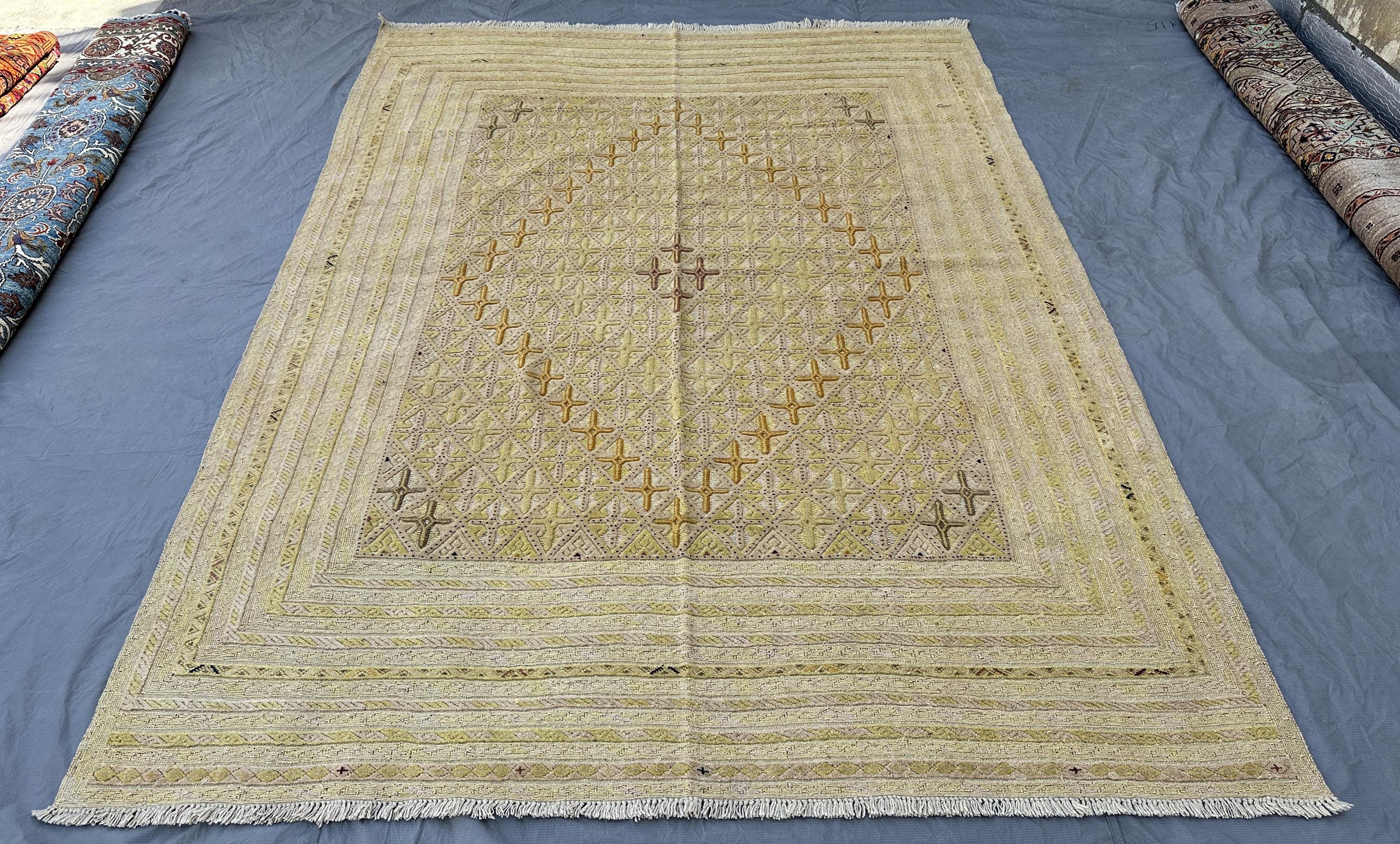 High Quality Afghan Mishwani Kilim 9x7, Handwoven Wool Flatweave Rug, Cross Star Diamond Pattern, Neutral Boho
