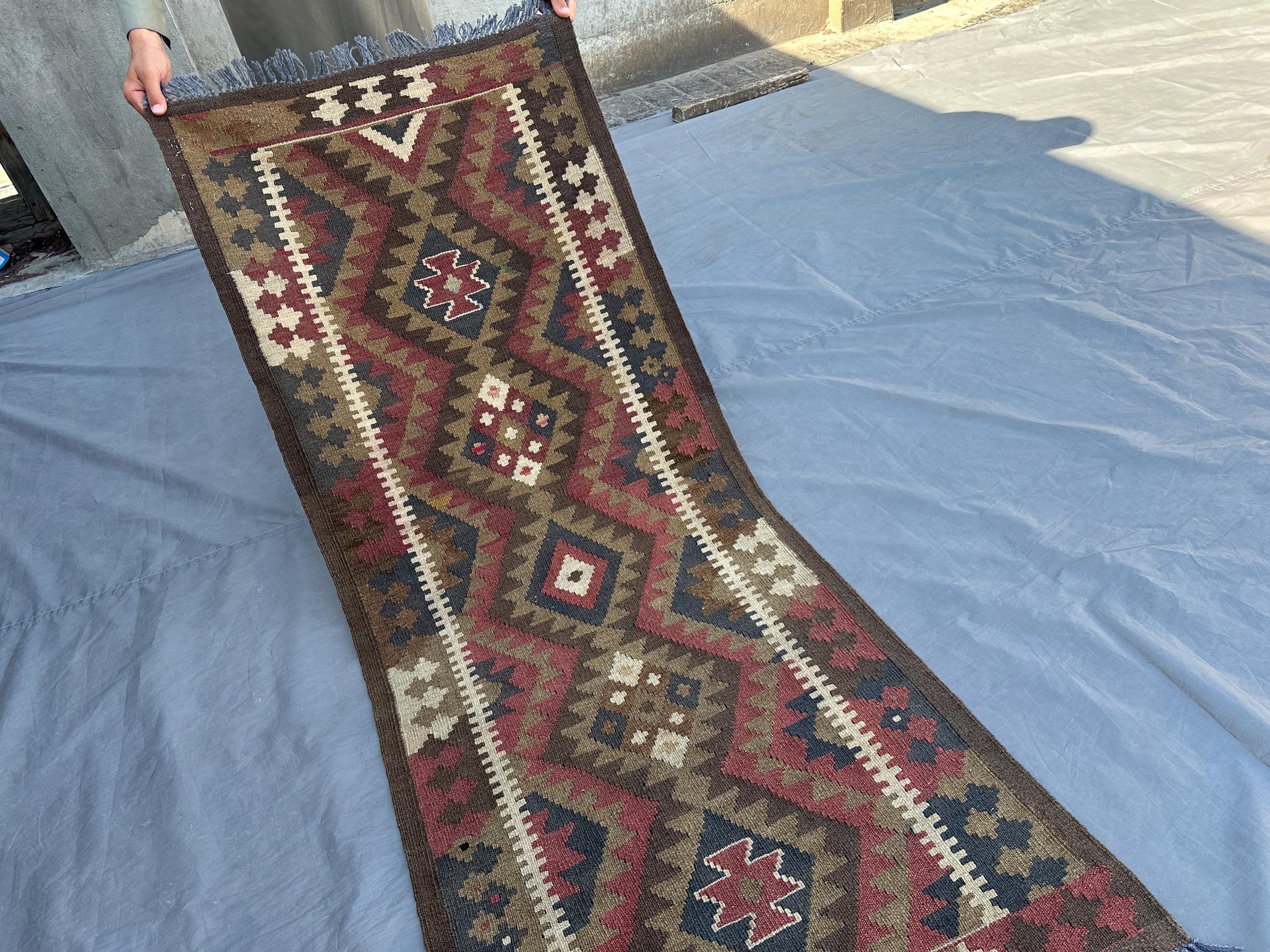 2'5x5'8 ft Vintage Afghan Runner rug, Handmade Kilim Rug Tribal Wool Flat Weave Geometric Rug, Kitchen Carpet,