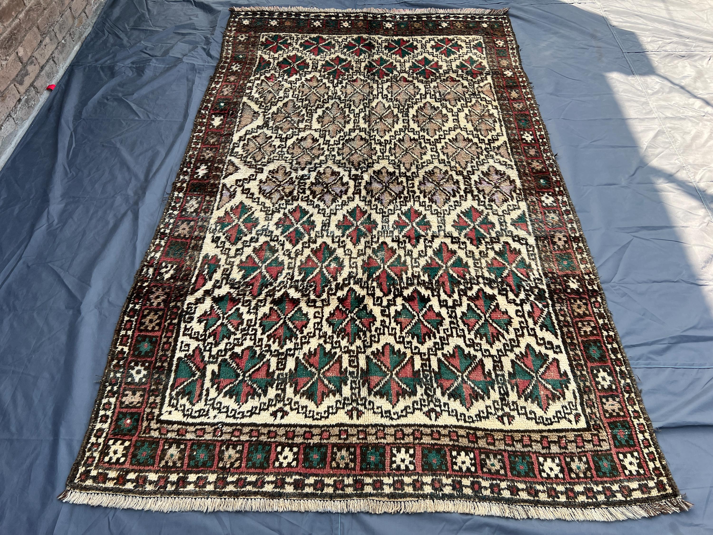 Antique Afghan Baluchi Rug 5.3x8.9 ft | Faded Hand Knotted Nomadic Wool Rug | Rare Tribal Geometric Carpet | V