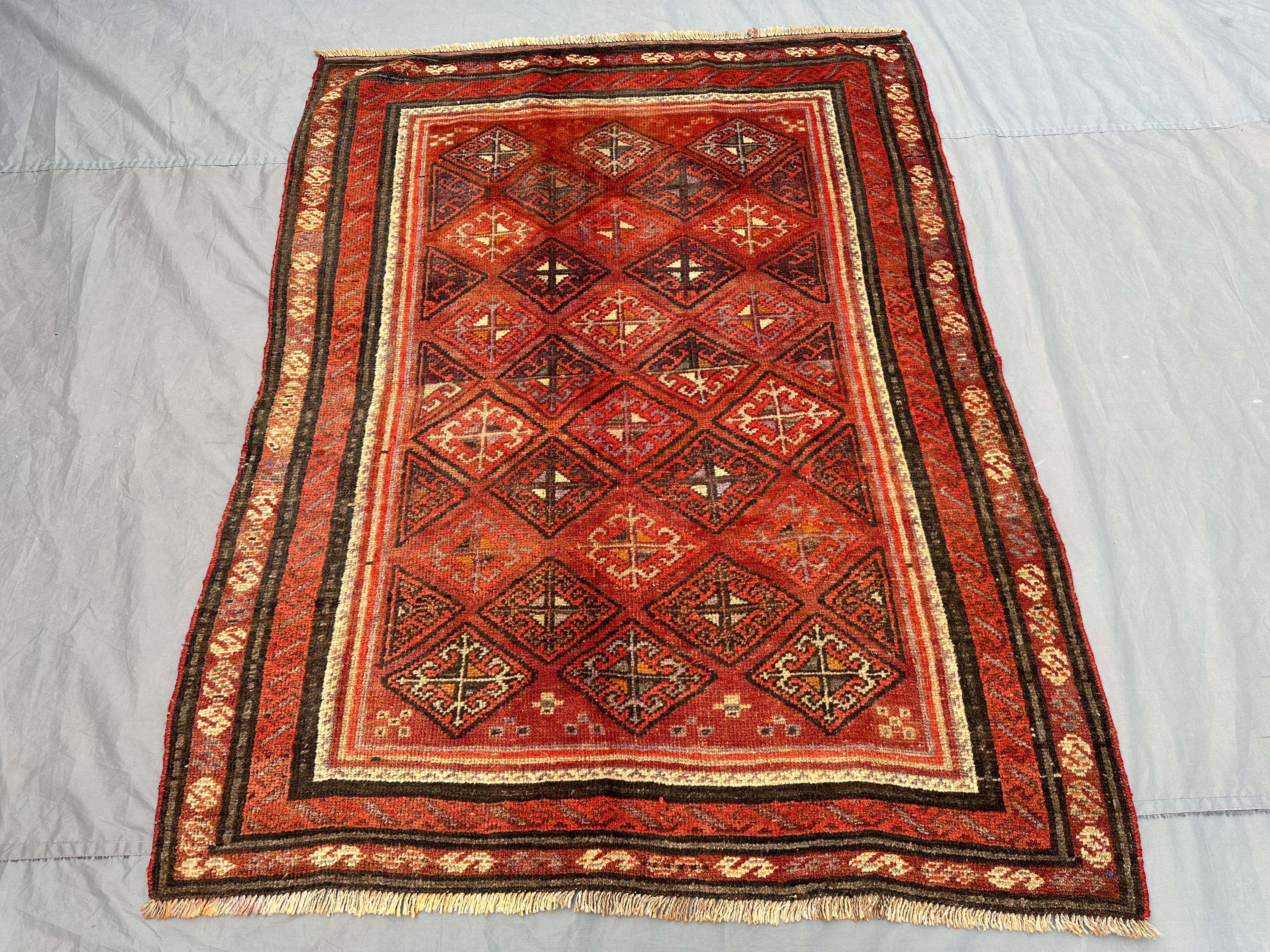 5 x 6 ft Vintage Afghan Hand Knotted Distressed Caucasian Style Rug, Turkish Inspired Geometric Design, Soft Pile | farmhouse decor rug