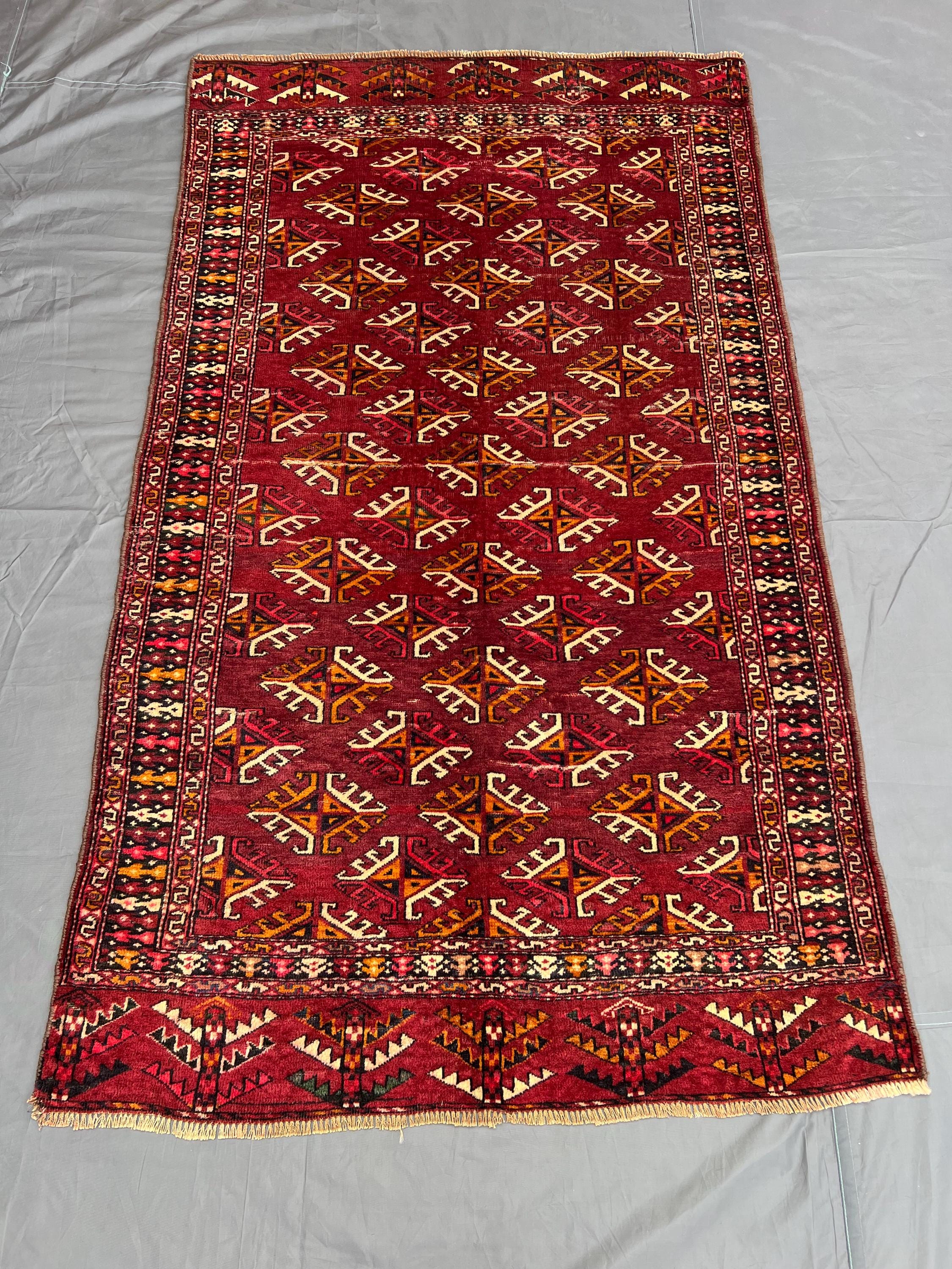 Elegant Red "4x7" ft Vintage Afghan Hand-Knotted Hariz Caucasian Rug Geometric Tribal Pattern Soft Wool Living