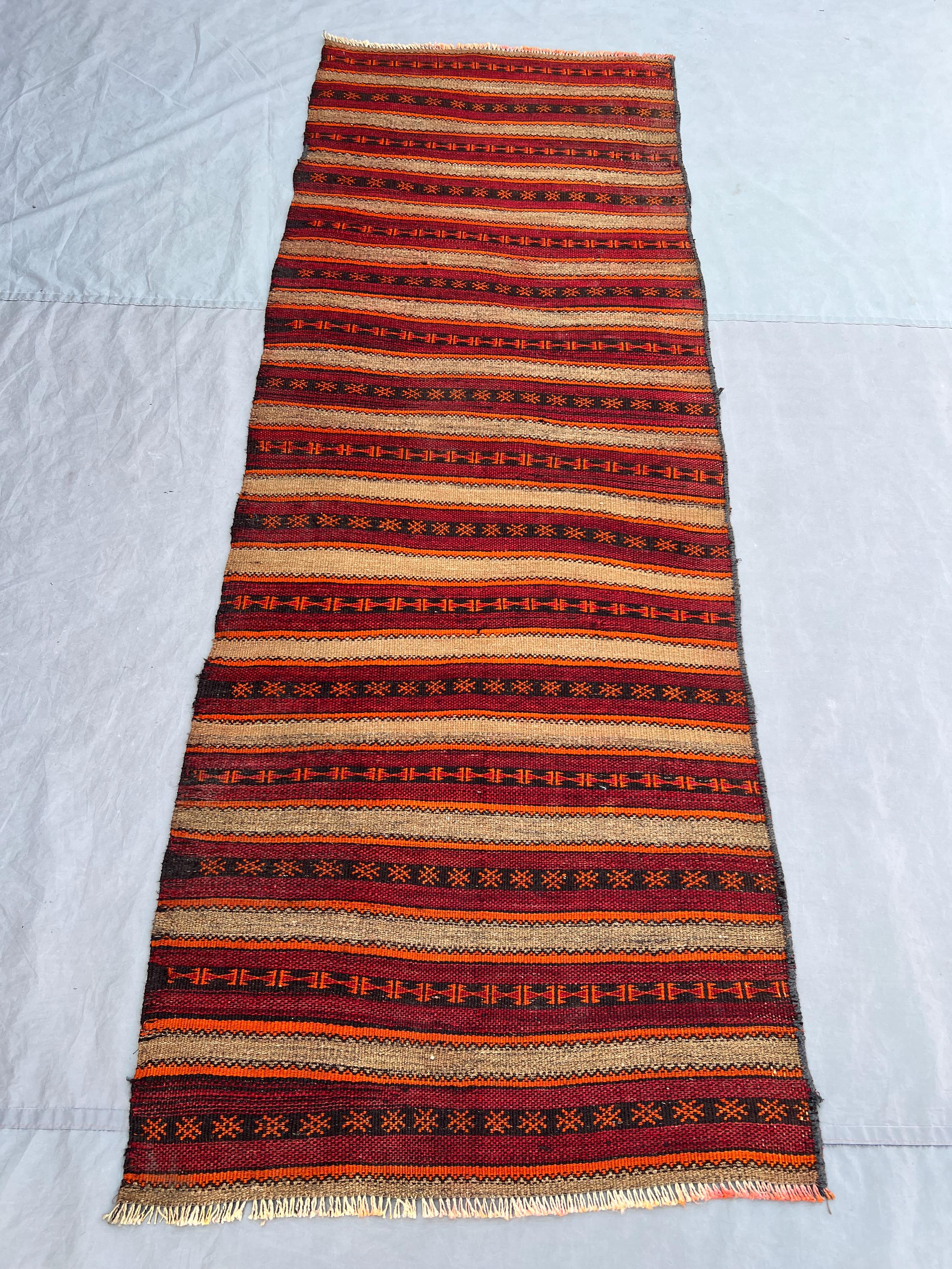 2'10x8 ft Vintage Afghan Rug, Handwoven Wool, Geometric Stripes with Intricate Motifs, Flat Weave, Handknotted, Ideal for Hallway, Entryway