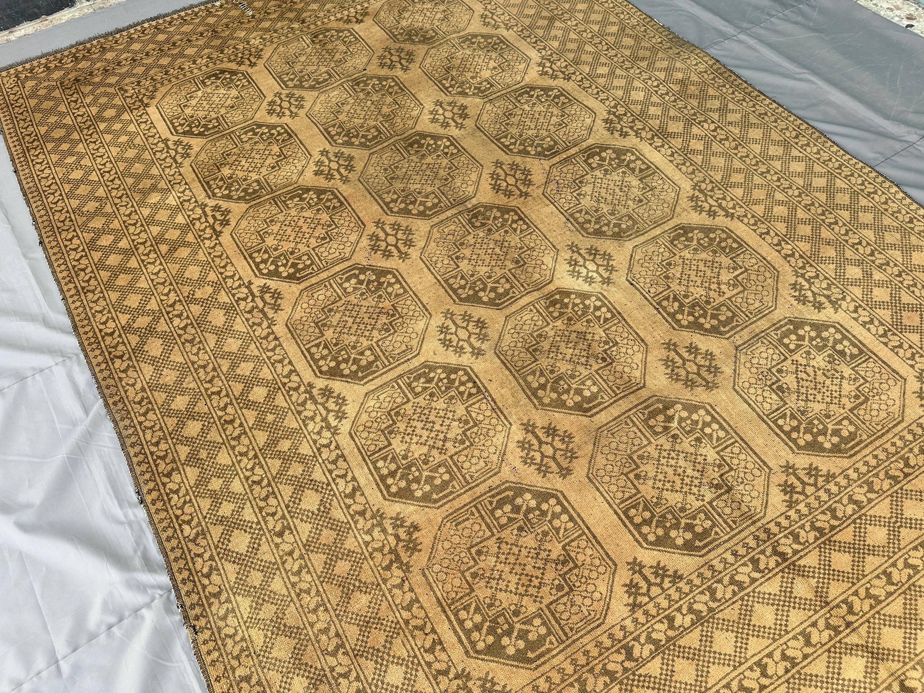 Tonal Gold Afghan Ersari Rug 9x6, Antique Hand-Knotted Wool Carpet, Octagon Tribal Lattice Design, Vintage Liv