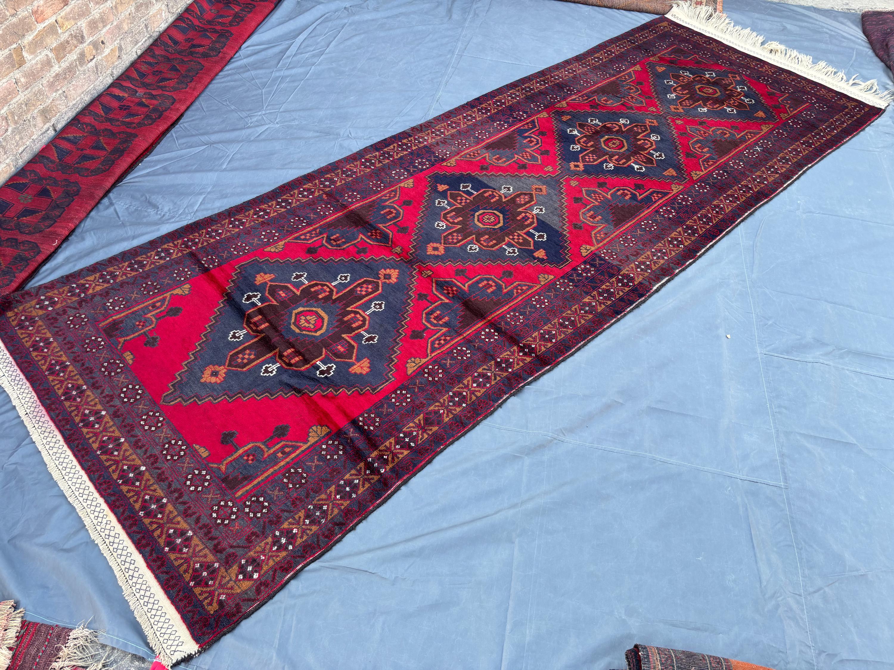 5 x 13 Vintage Afghan Baluchi Hand-Knotted Wide Runner Rug, Tribal Wool Red Blue Carpet, Geometric Boho Hallw