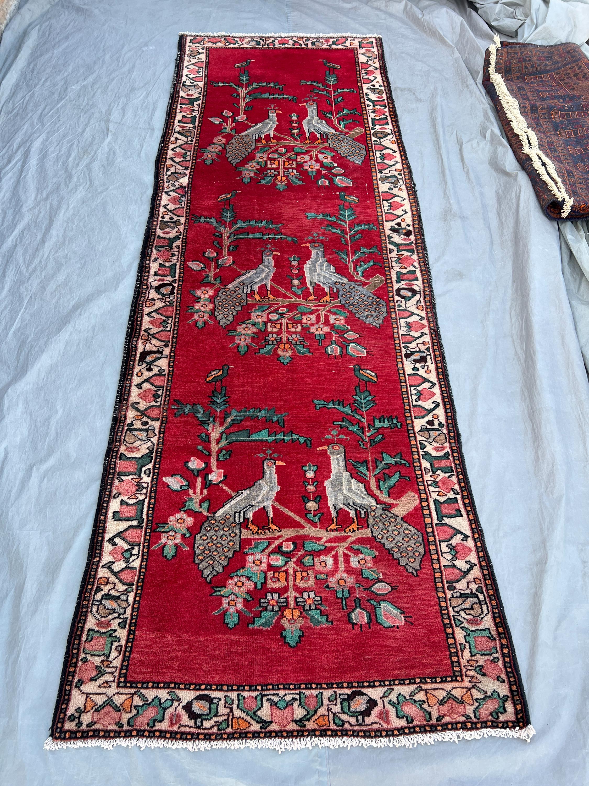 Red 3'6 x 10'5 ft Vintage Afghan Handknotted Runner Rug with Peacock Motif - Tribal Wool, Unique Pattern, Hallway Entryway Home Decor