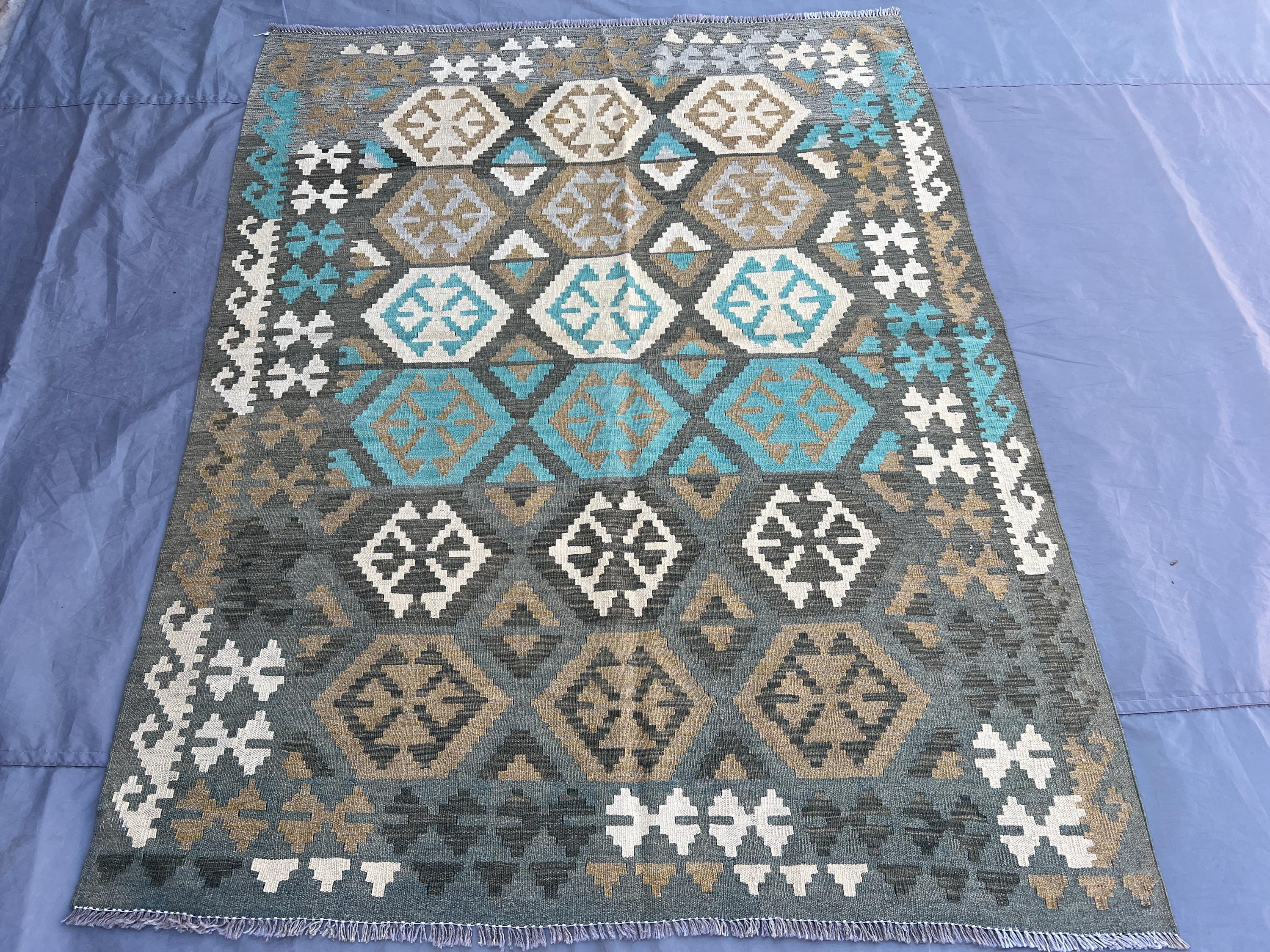 Afghan Kilim Rug, 5x6 Handwoven Wool Flat Weave Carpet | Neutral Tribal Area Rug | Turquoise Geometric Decor |