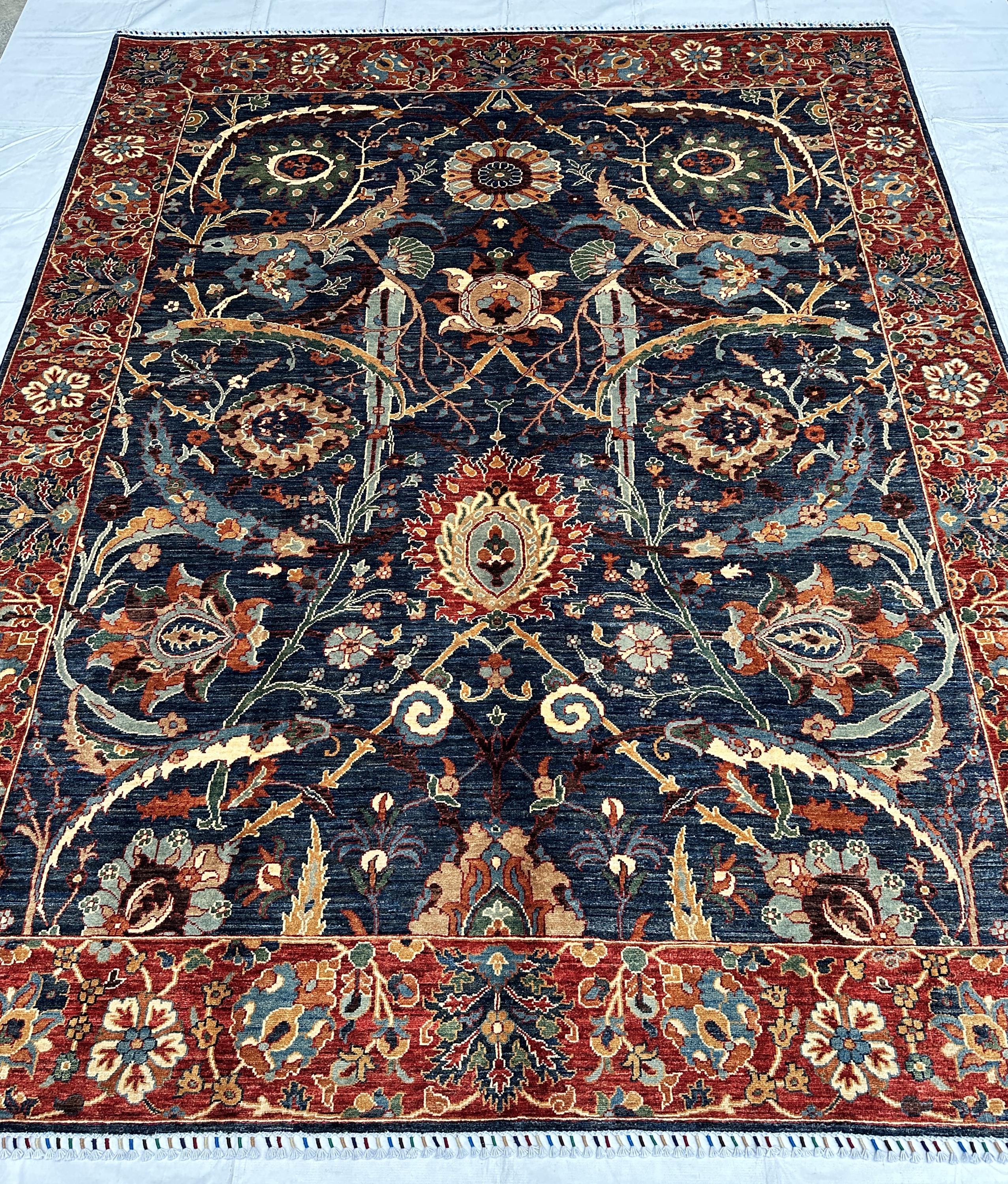 Navy Medallion Rug, Hand Knotted Wool Vine Carpet 8x10, Red Border Traditional Area Rug, Formal Living Room Rug, Dining Room Rug