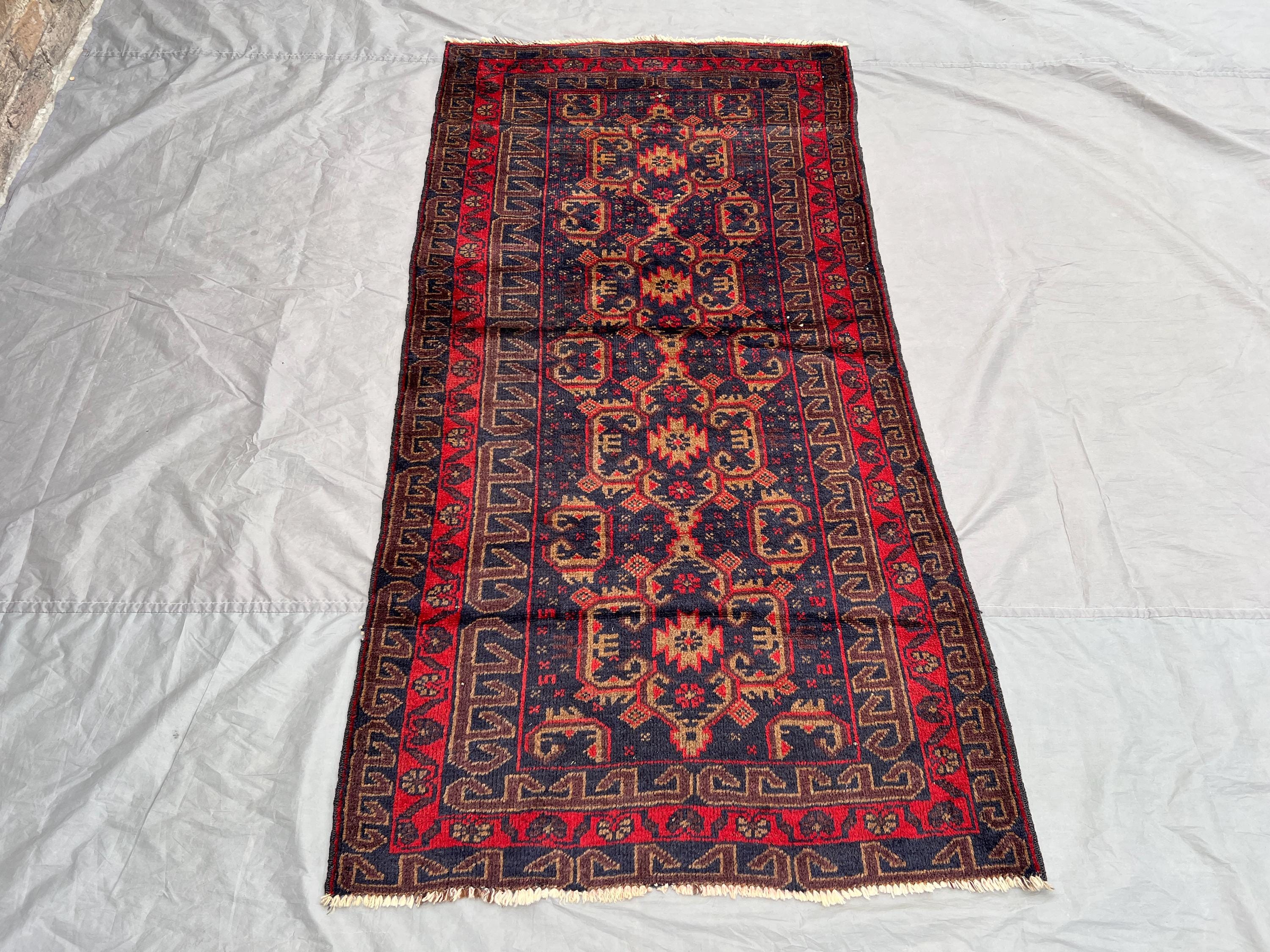 3'4x6'4 ft Vintage Afghan Baluchi Rug | Hand Knotted Tribal Wool Carpet | Rustic Nomadic Geometric Accent | Bo