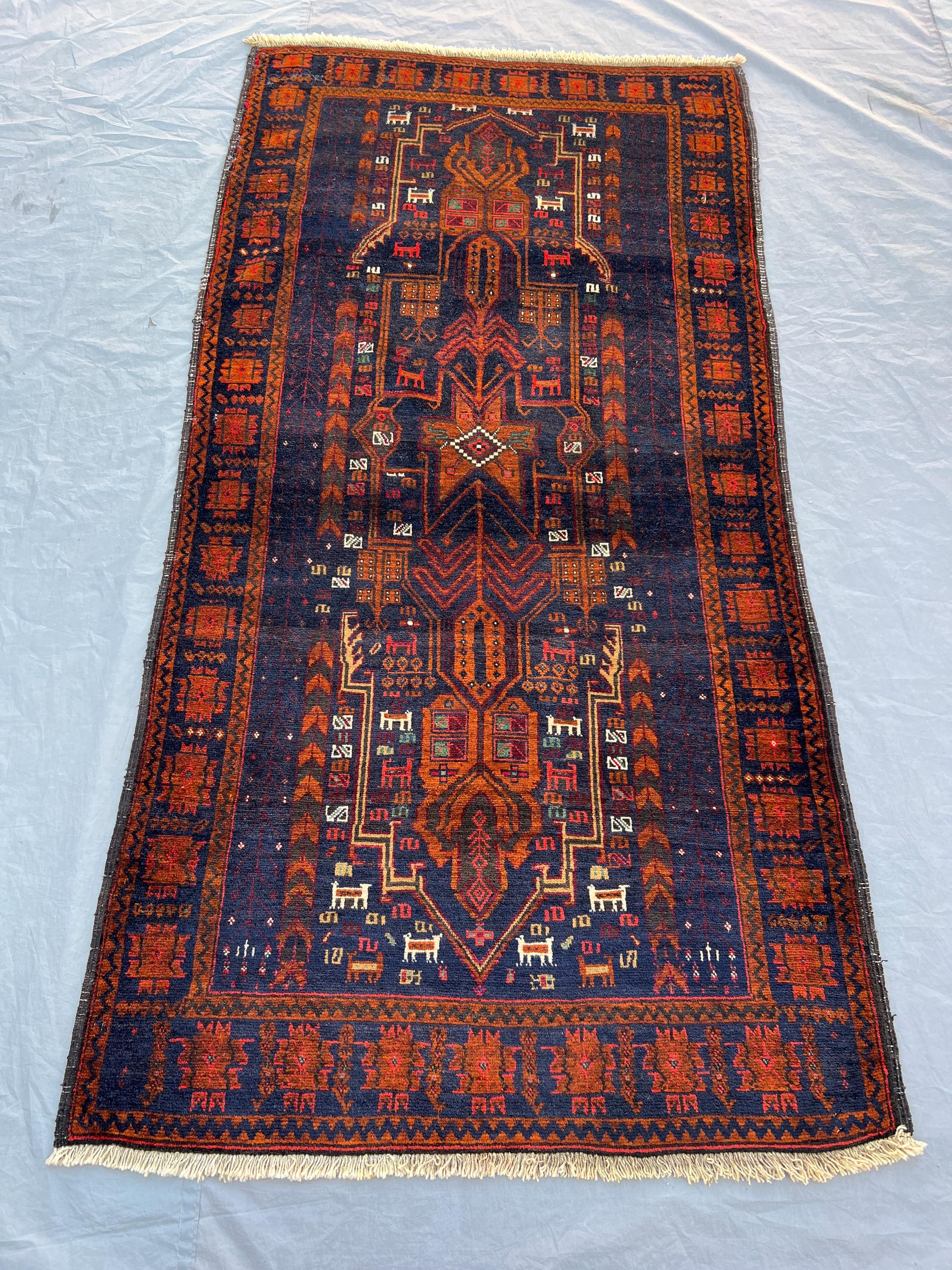 3'8x7'1 ft Vintage Afghan Baluchi Hand Knotted Wool Rug Navy Blue Tribal Medallion Prayer Rug Living Room Bedroom Area Rug