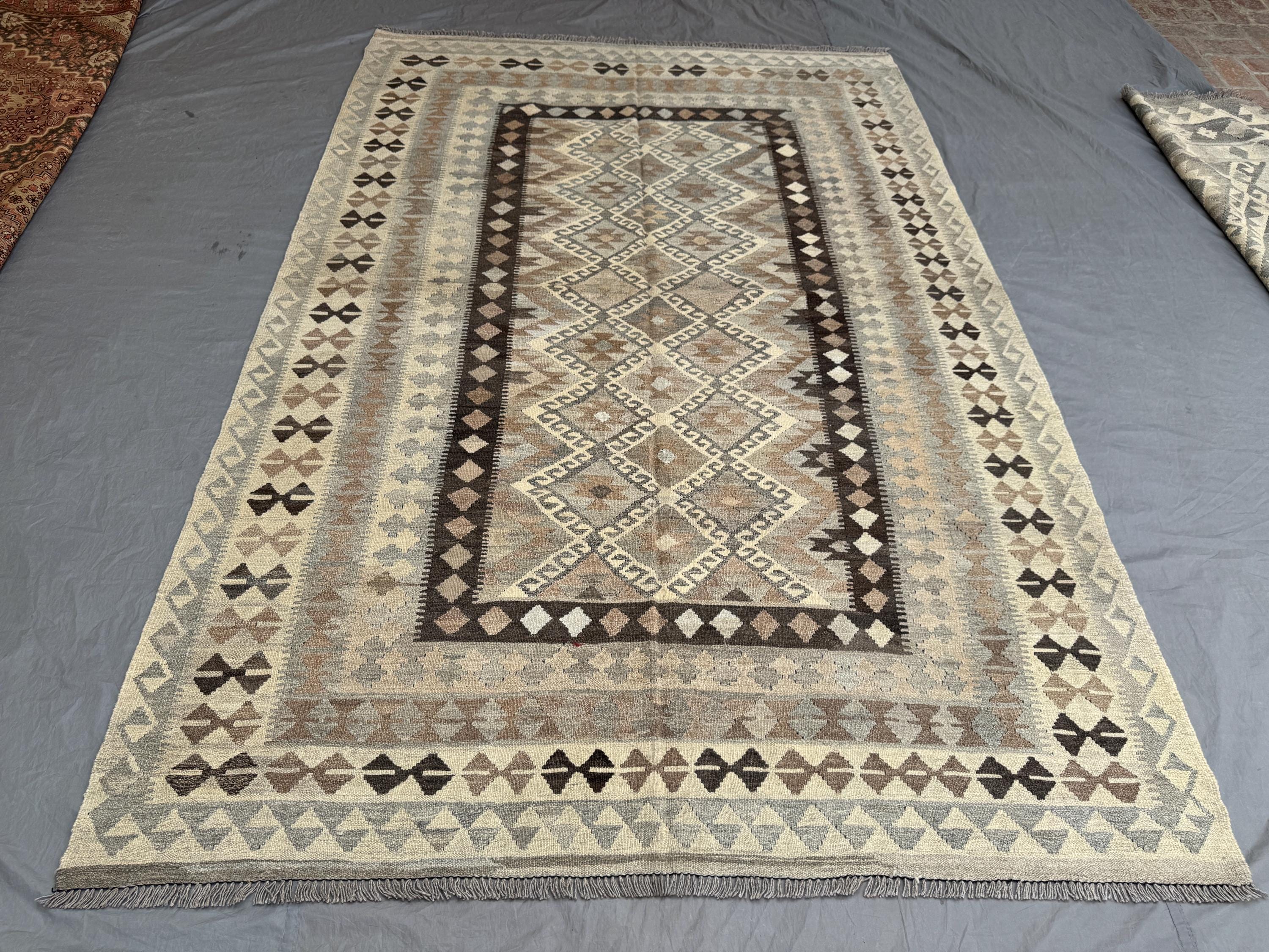 6.6 x 9.7 ft Afghan Vintage Hand Woven Kilim Rug Large Rare Flat Weave Maimana Design Tribal Geometric Soft Earth Tone Area Carpet