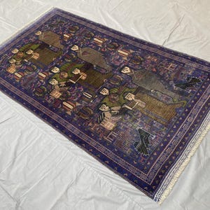 4 x 7 フィート アンティーク アフガン バルーチ ラグ 部族絵画アート ハンドメイド ウール 幾何学模様 高品質 壁掛け エリアラグ トルコ色あせたラグ
