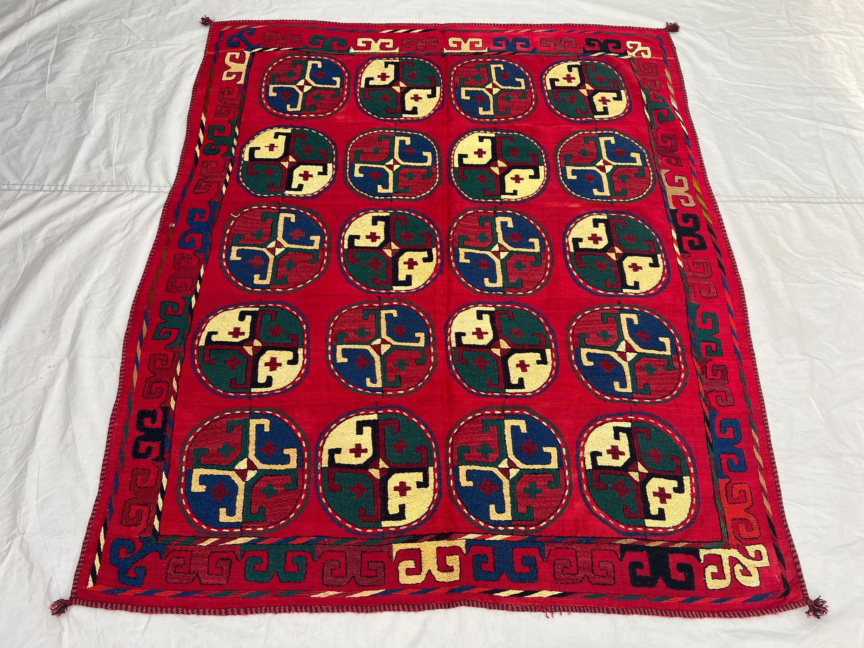 4'11x5'8 Ft Vintage Afghan Kilim Rug Red Tribal Circle Medallion Hook Flatweave Handwoven Wool Area Rug | Living Room Bedroom Wall Decor