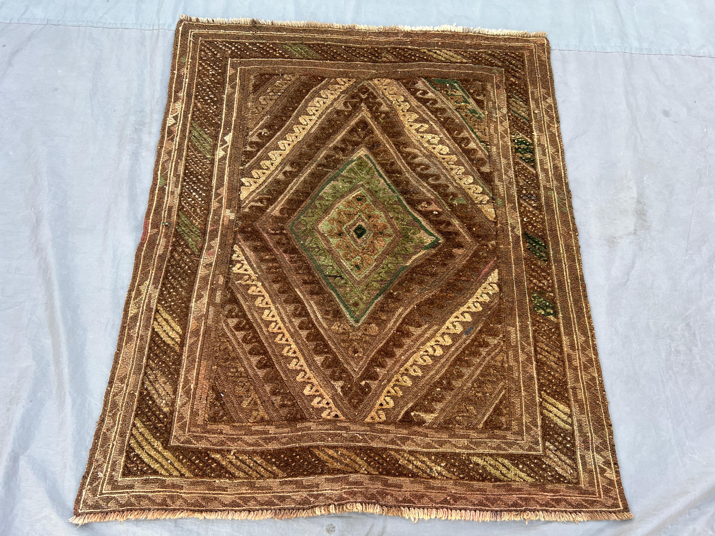 3'10"x4'2' Ft Vintage Afghan Baluchi Hand-Knotted Rug, Geometric Design, Soft Pile, Tribal Wool, Unique Antiqu