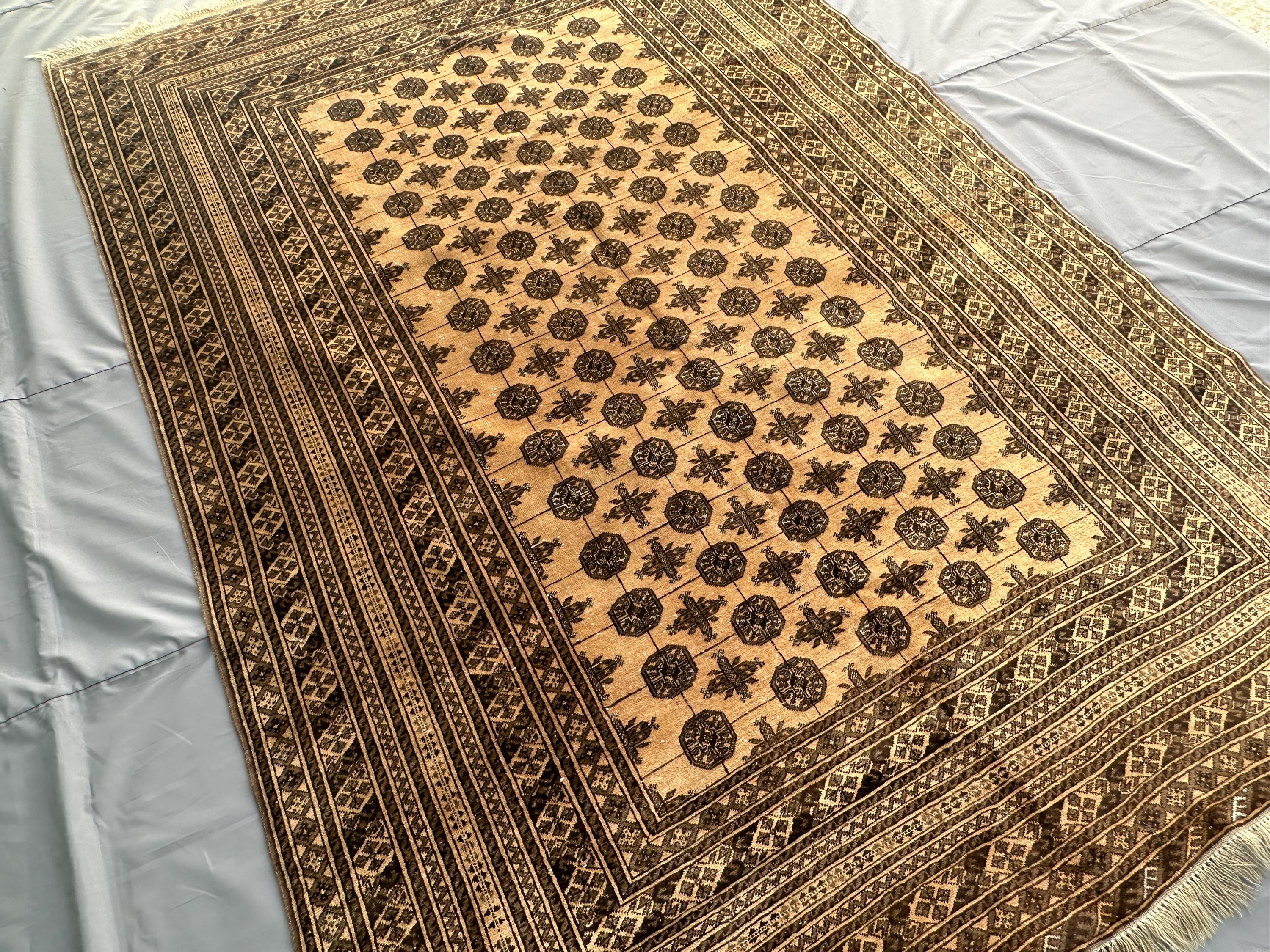 1970s Terracotta Ivory Bukhara Rug 9x6, Antique Hand-Knotted Wool Carpet, Brown Tribal Octagon Design, Wide Bo