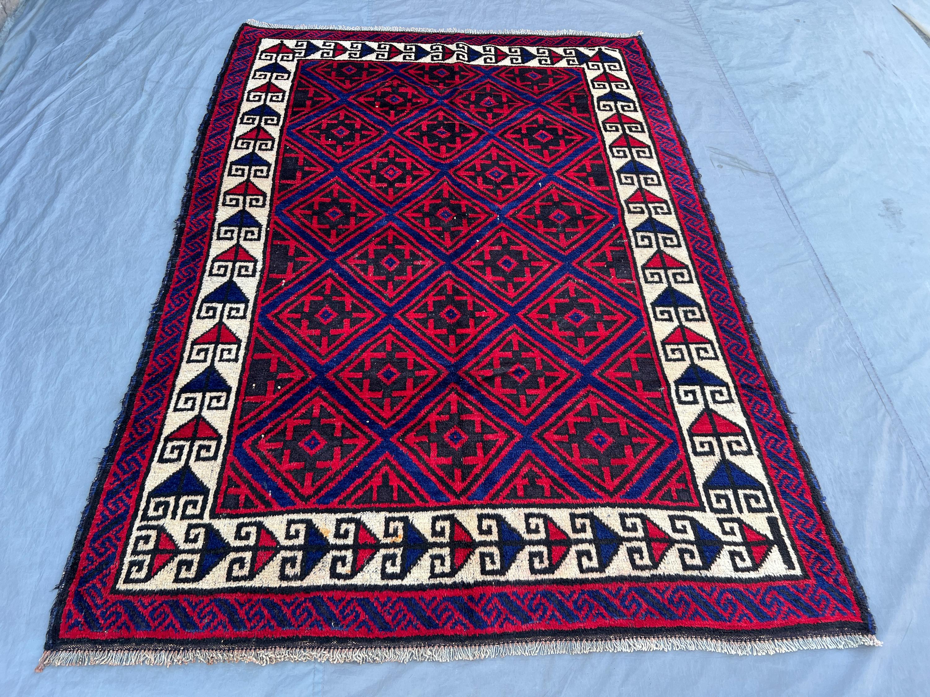 Red 5'8" x 8'3" Vintage Afghan Baluchi Rug, Hand-Knotted Wool, Geometric Tribal Diamond Design, Soft Pile Liv