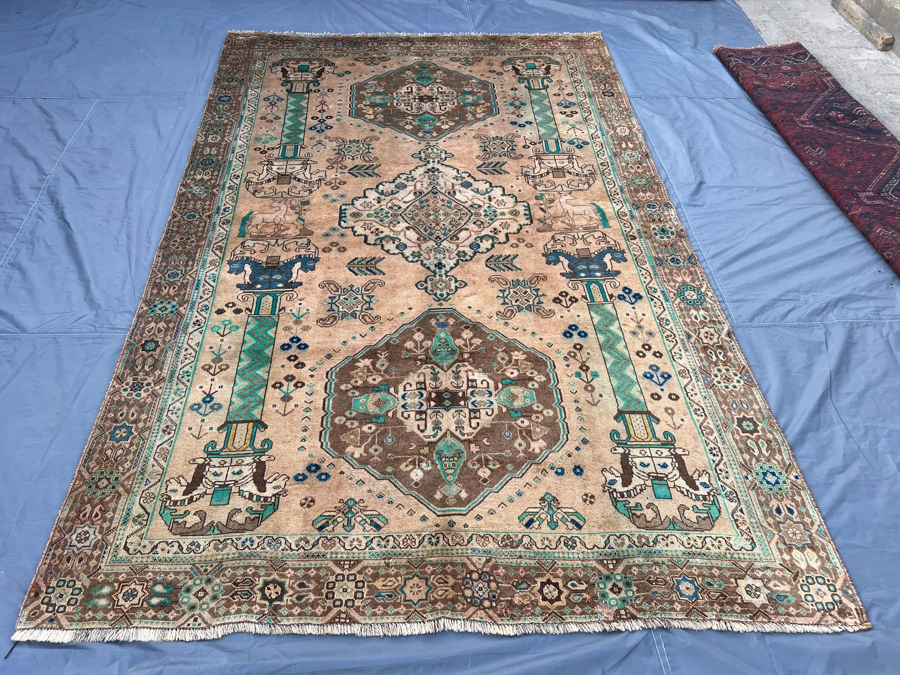 6'1 x 9'5 ft Antique 1920s Turkish Inspired Caucasian Large Area Rug Beige Brown Teal Wool Center Medallion Living Room & Dining Area
