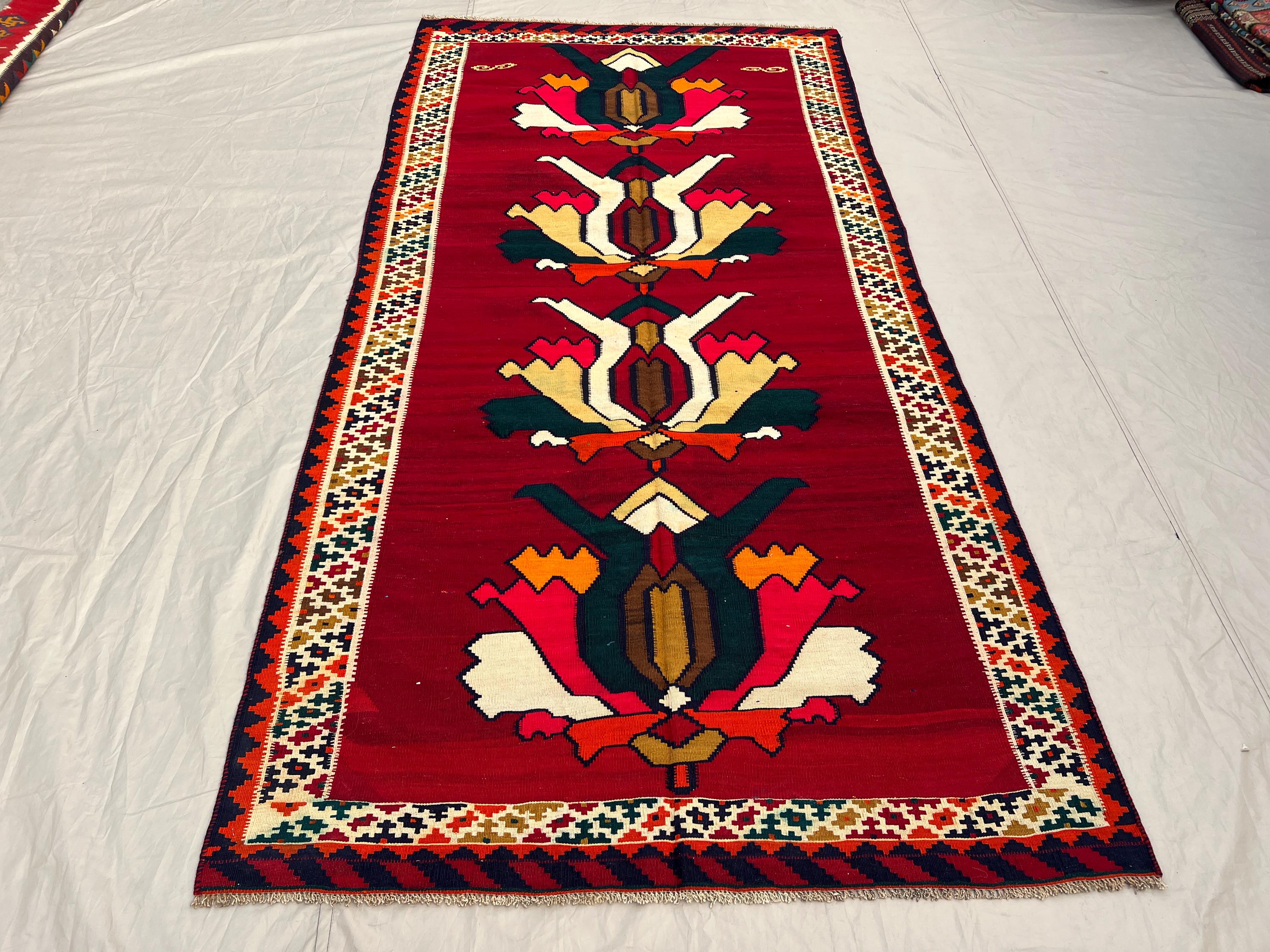 4'6x9'1 Ft Vintage Afghan Kilim Handwoven Wool Flatweave Large Scale Tulip Floral Column Vivid Red Teal Ivory Area Rug | Living Room Bedroom