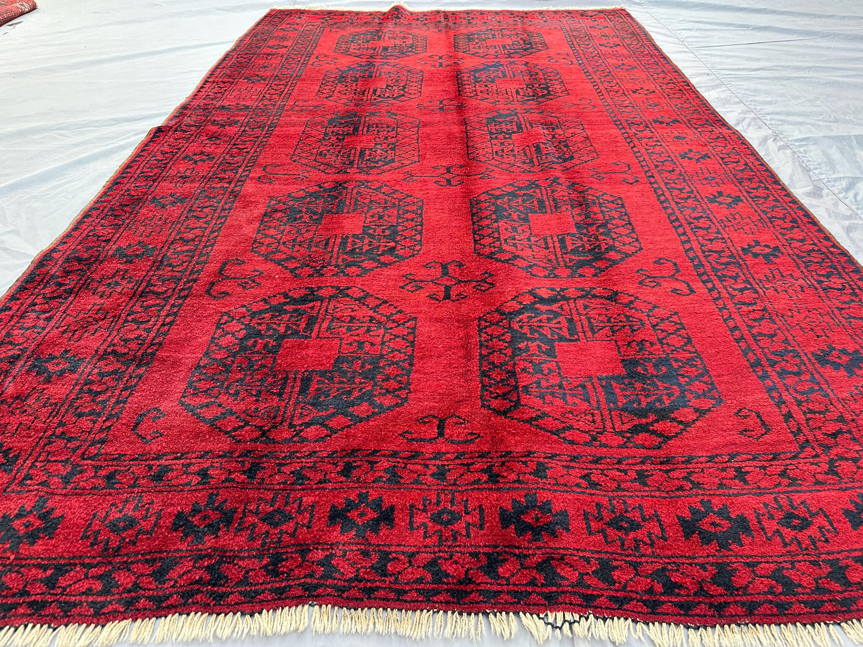 5x8 Antique Turkmen Bukhara Rug Red Black | Tribal Wool Rug Elephant Foot Design | Geometric Afghan Living Room Bedroom Carpet, Bedroom Rug