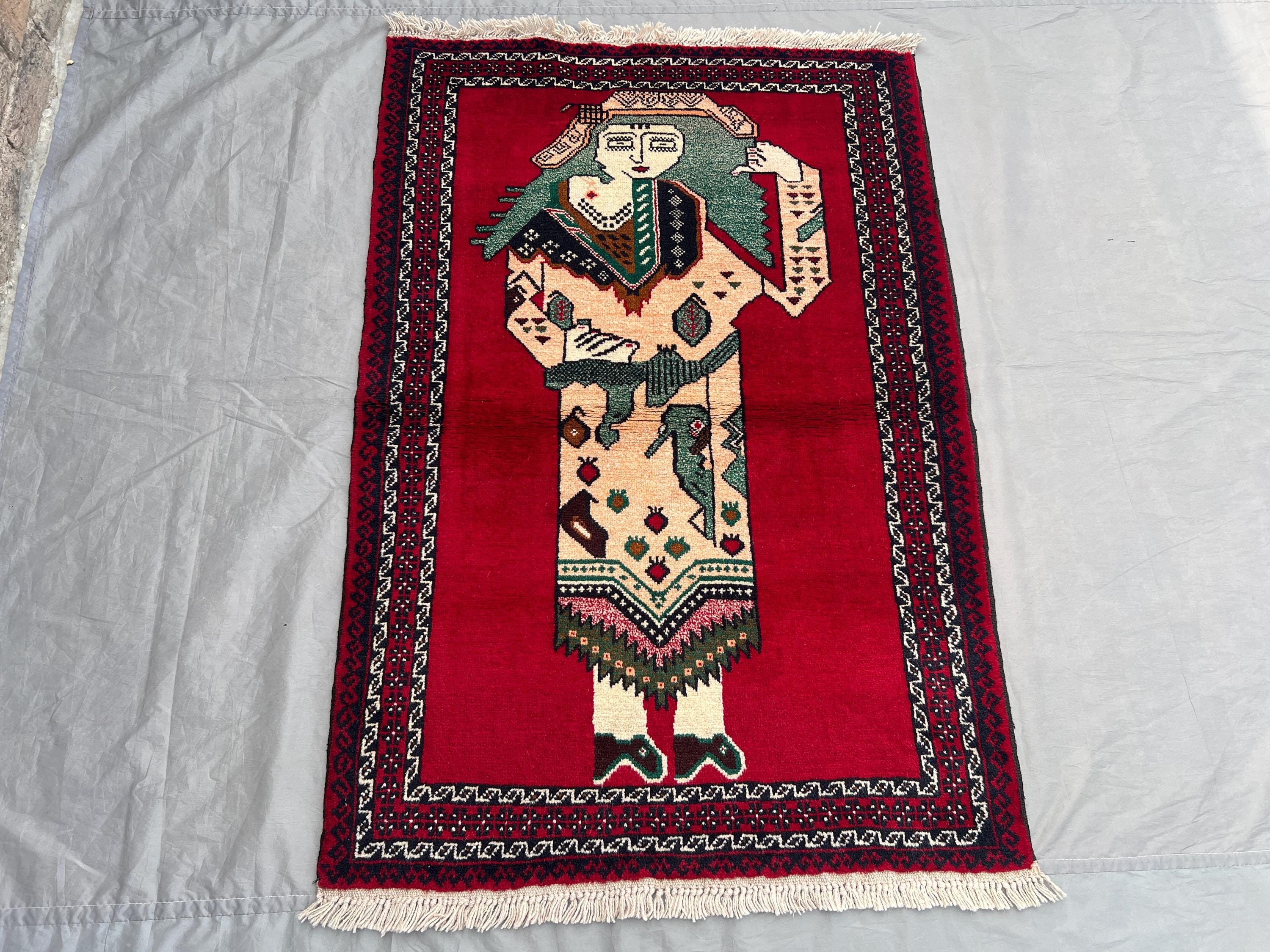 3x4.4 ft Afghan Antique Historical Rug | Handwoven Wool | Red, Green, and Black Design | Folk Art, Tribal Rug