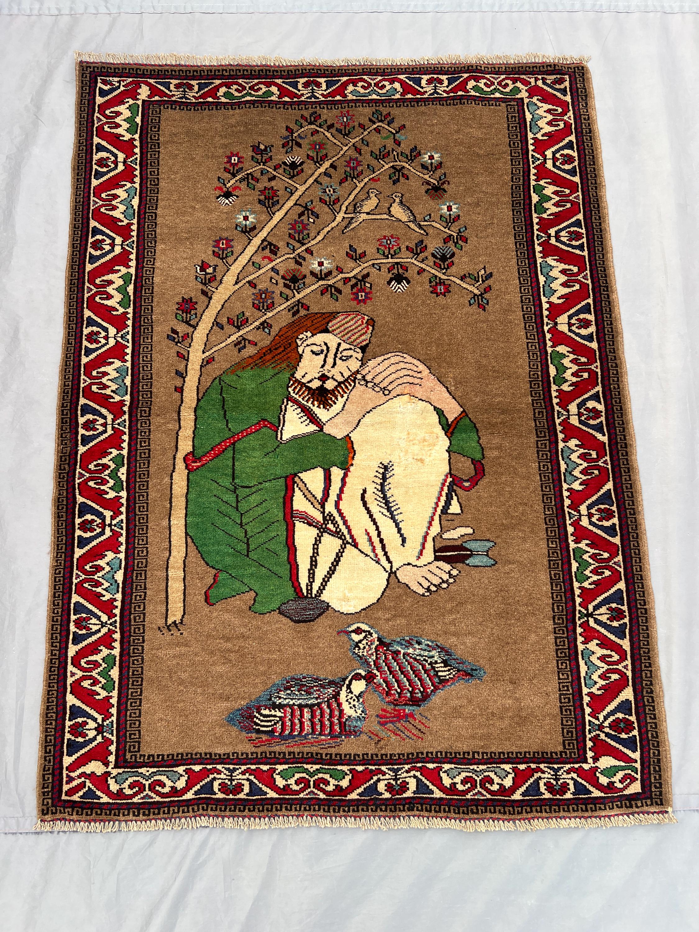 3'2" x 4'5" Afghan Baluchi Pictorial Rug, Hand-Knotted Wool, Vintage 1970s, Unique Tree & Bird Design, Soft Pile, Rustic Boho Home Decor