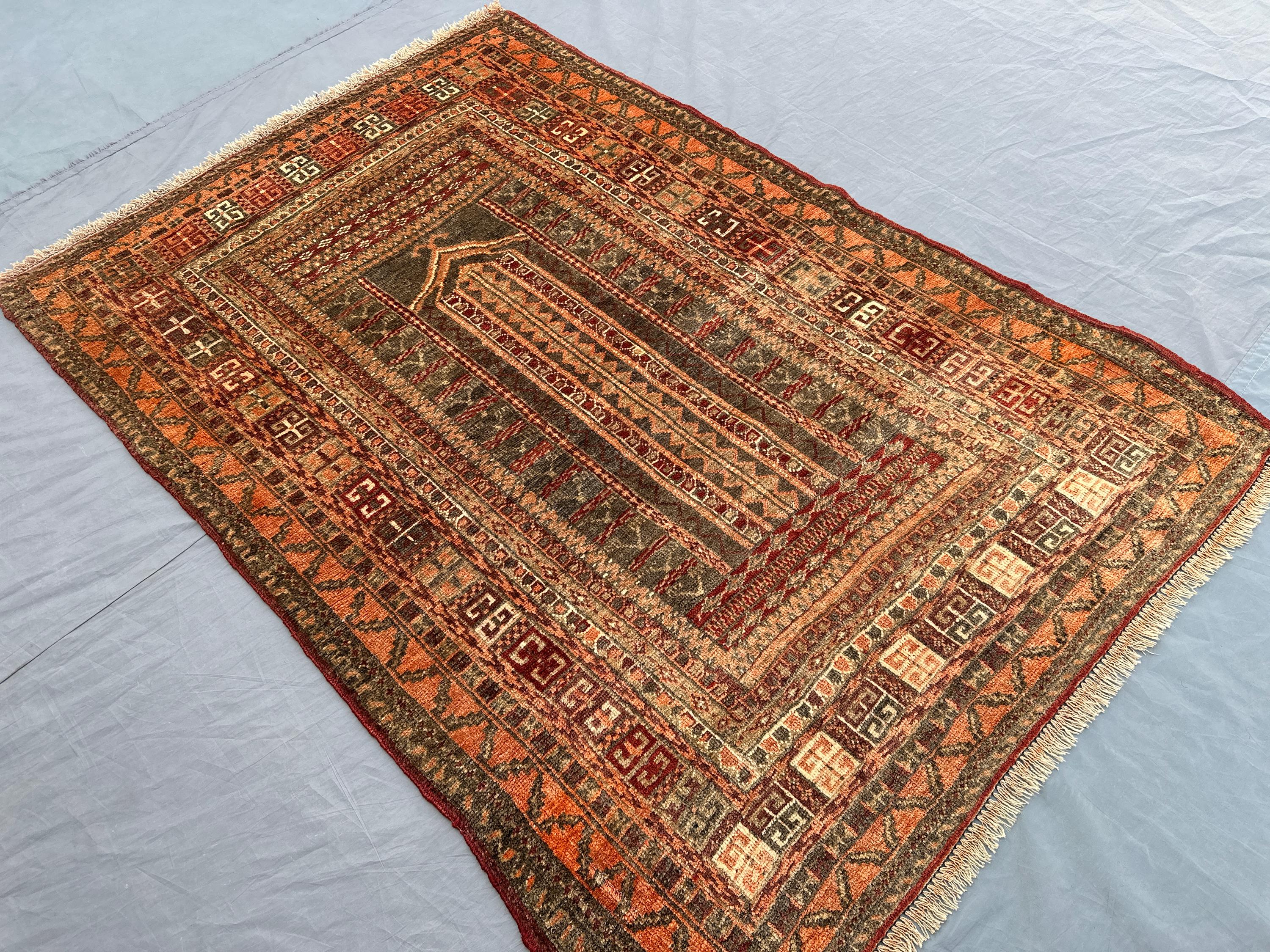 3x5 Antique Afghan Baluchi Rug | Hand-Knotted Wool Carpet | Terracotta Faded Design | Tribal Prayer Style Vint