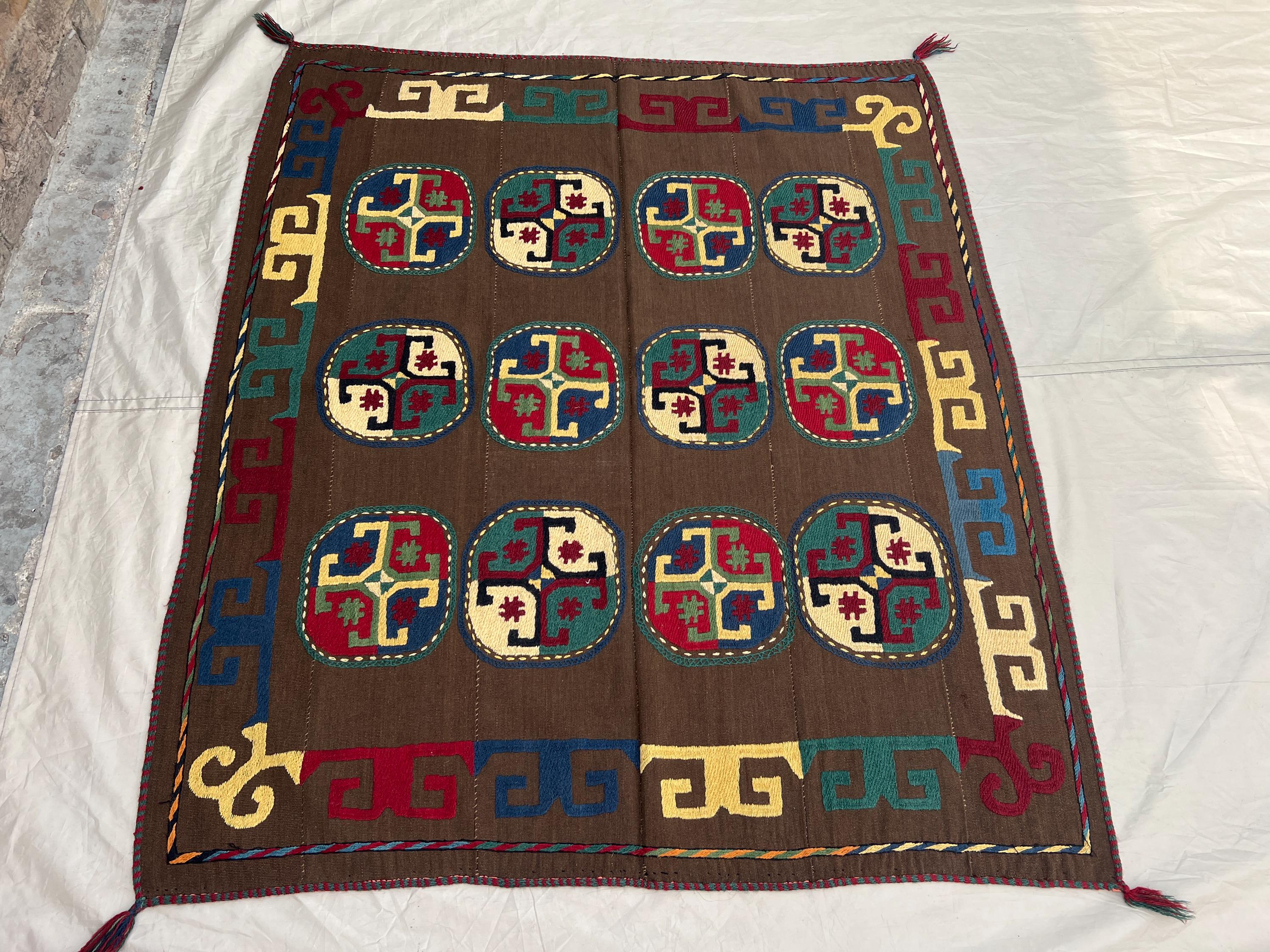4'4x4'11 ft Vintage Afghan Kilim Rug, Handmade Flatweave Wool Rug, Tribal Panel Kilim, Brown Accent Rug, Boho Home Decor