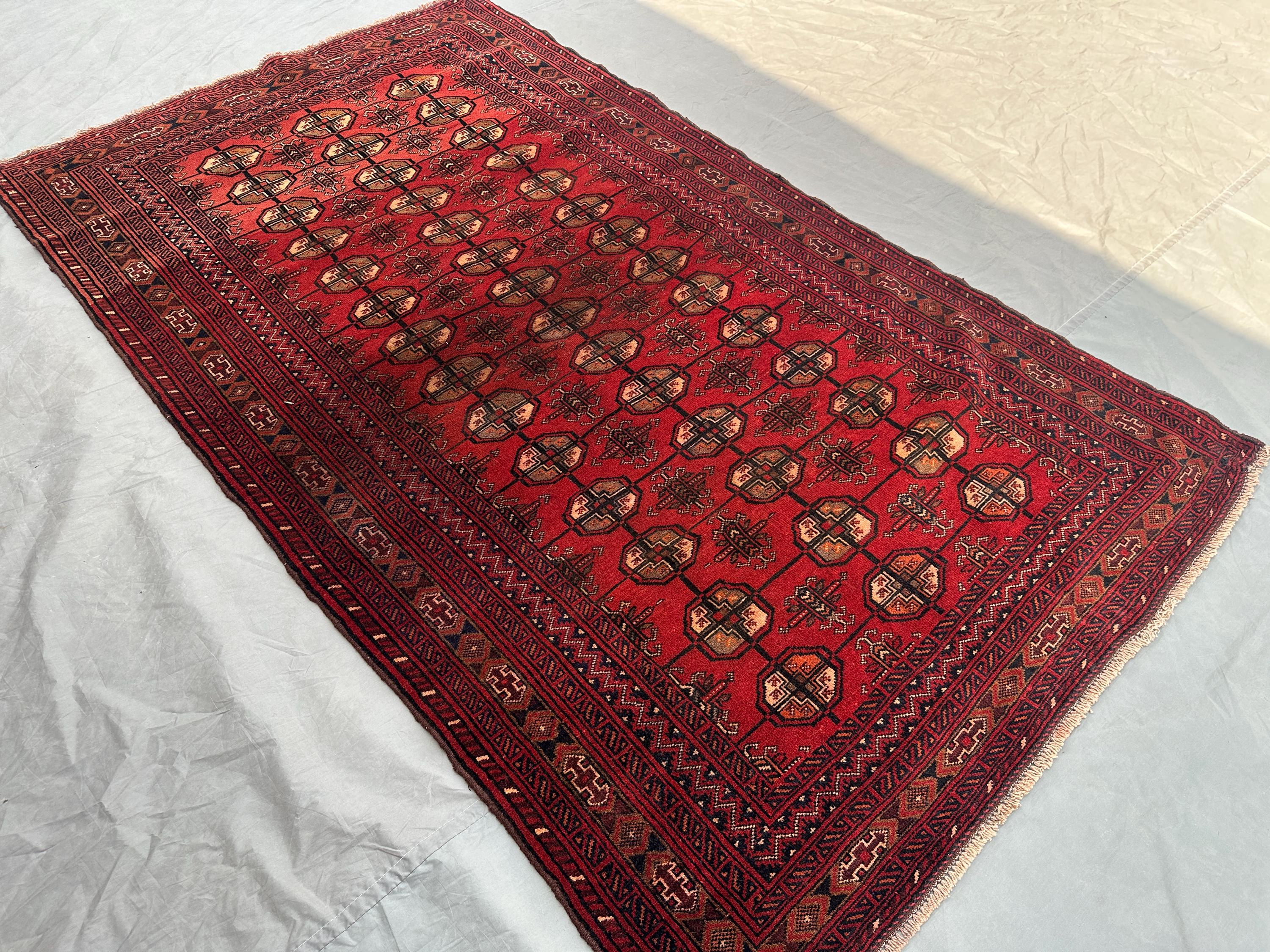 4x7 Antique Afghan Baluch Rug | Hand Knotted Wool Carpet | Turkmen Bukhara Style | Tribal Geometric Area Rug | Red Vintage Decor kitchen rug