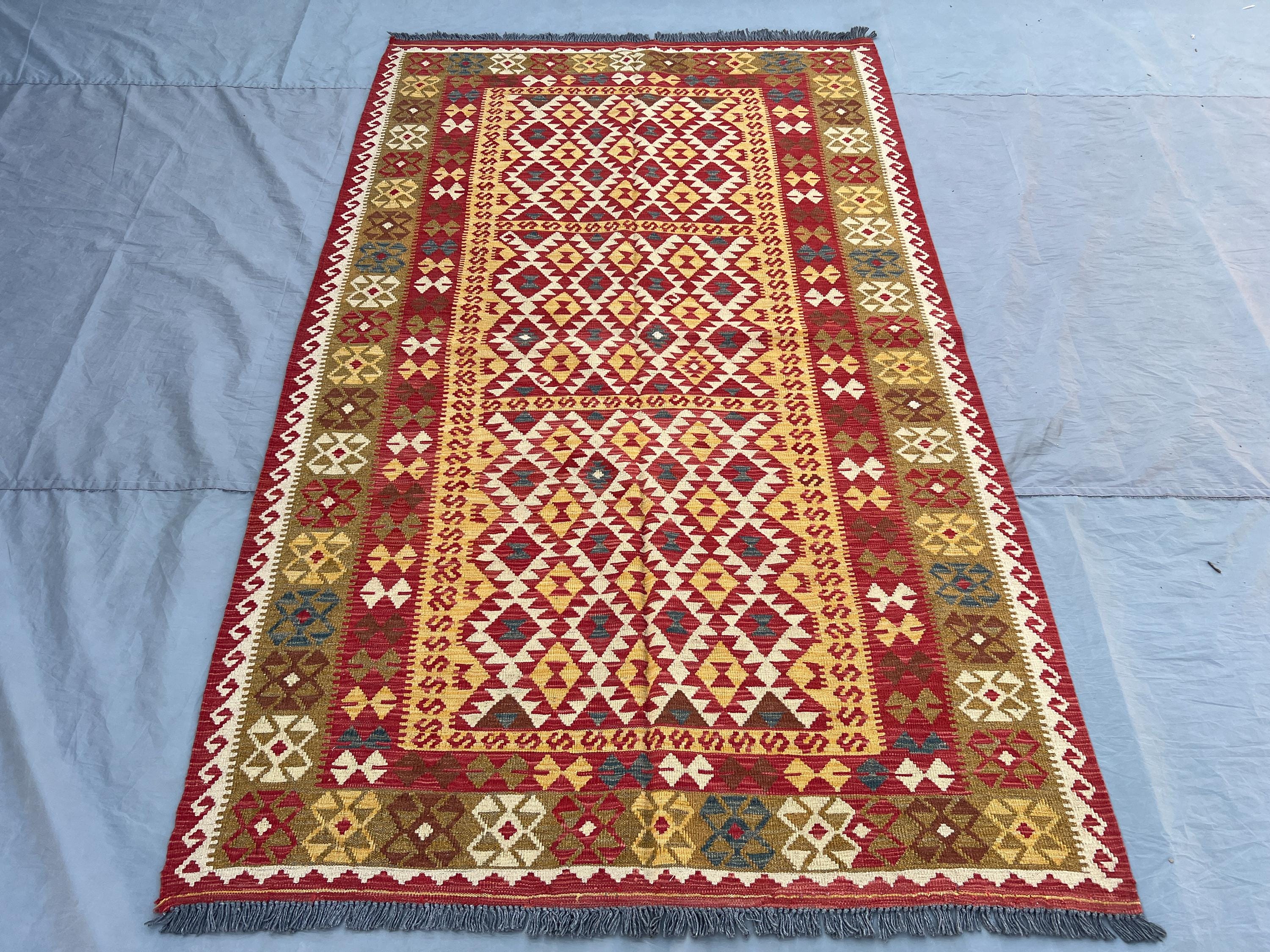 Afghan Kilim Rug 5x8 | Handmade Wool Flat Weave Carpet | Geometric Tribal Boho Decor | Red Beige Ethnic Living