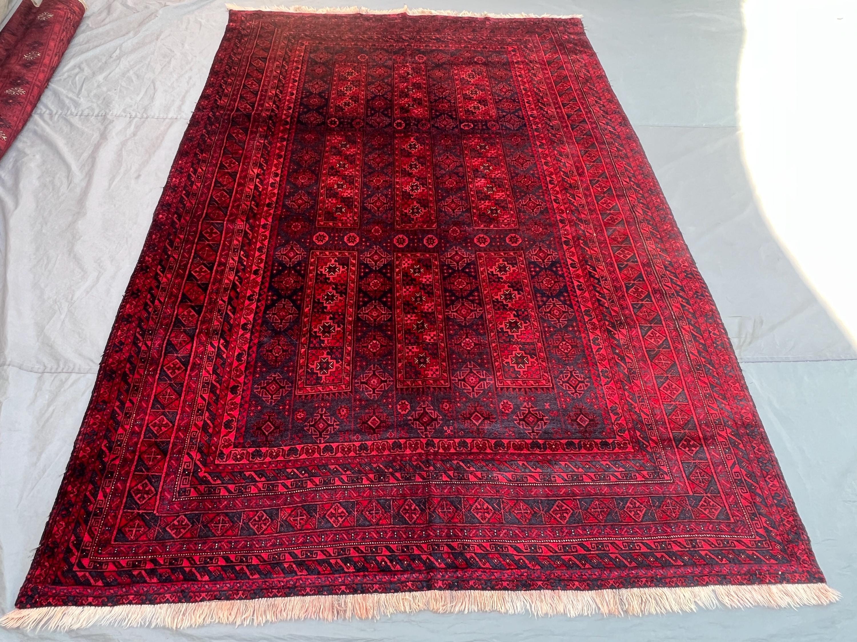 7'2x10'8 Vintage Afghan Turkmen Rug | Hand Knotted Wool Area Rug | Deep Red Black Gul Medallion Rug | Bohemian Living Room Rug Tribal Carpet